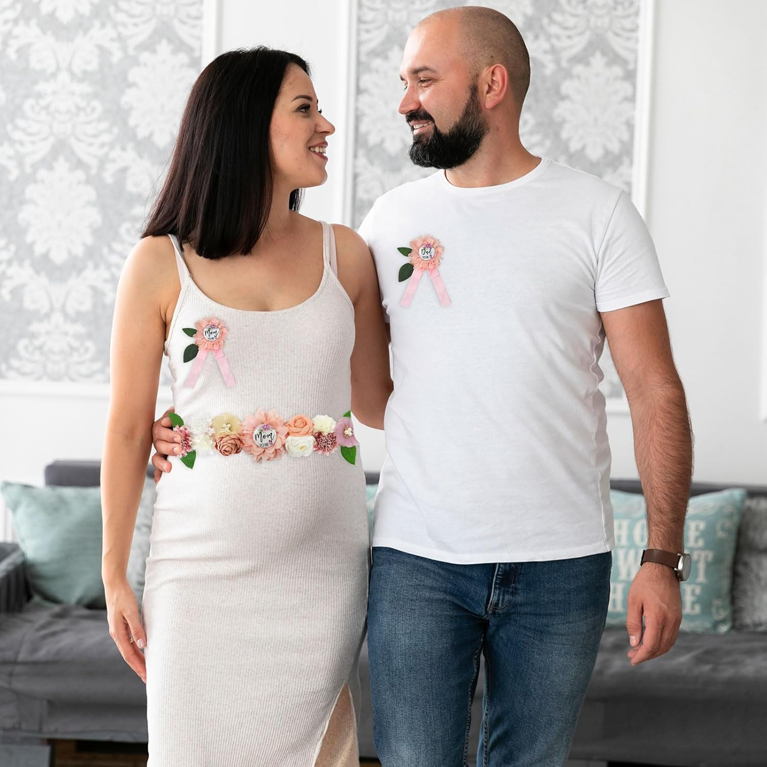 Pink Butterfly Maternity Sash Corsage Set &ndash; Baby Shower Floral Belly Band image number 4