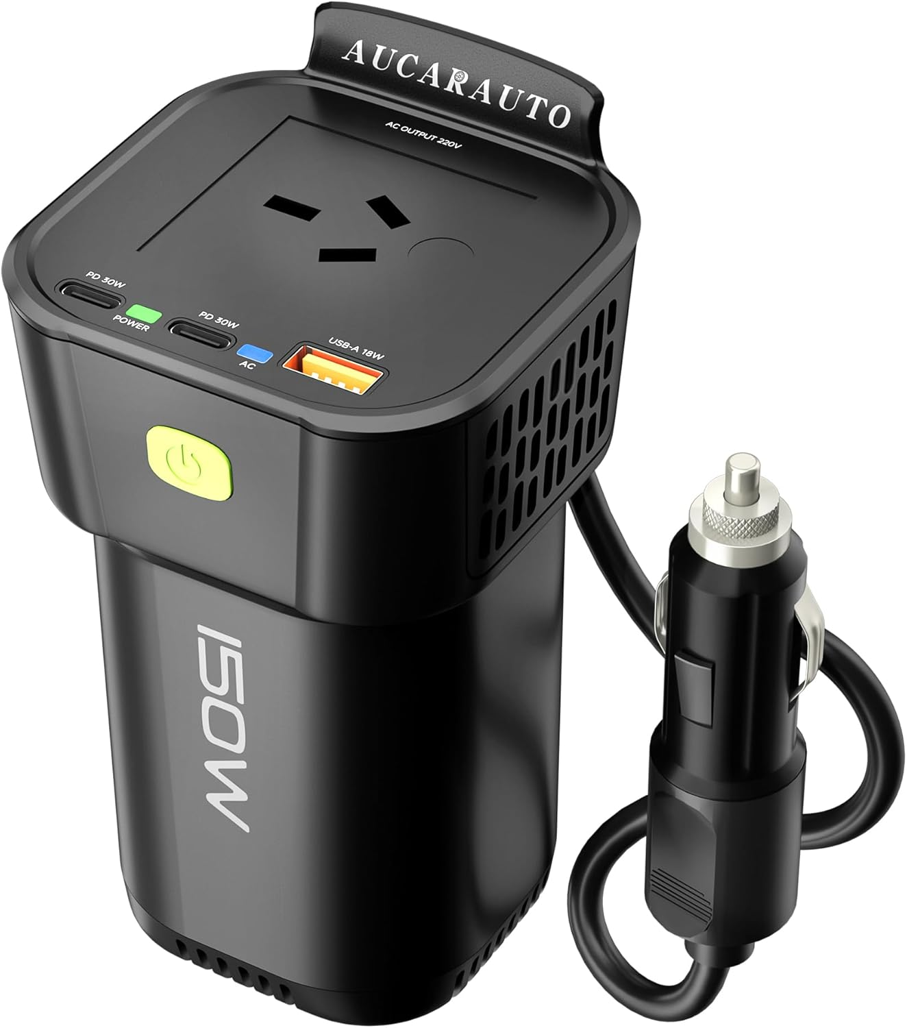 AUCARAUTO 150W Car Power Inverter, DC 12V to 220V AC 5-In-1 Cup Holder Car Plug Adapter Outlet with 10A Cigarette Lighter Socket, 2 USB-C 30W & 1 USB-A 18W Converter Charger - Black image number 3