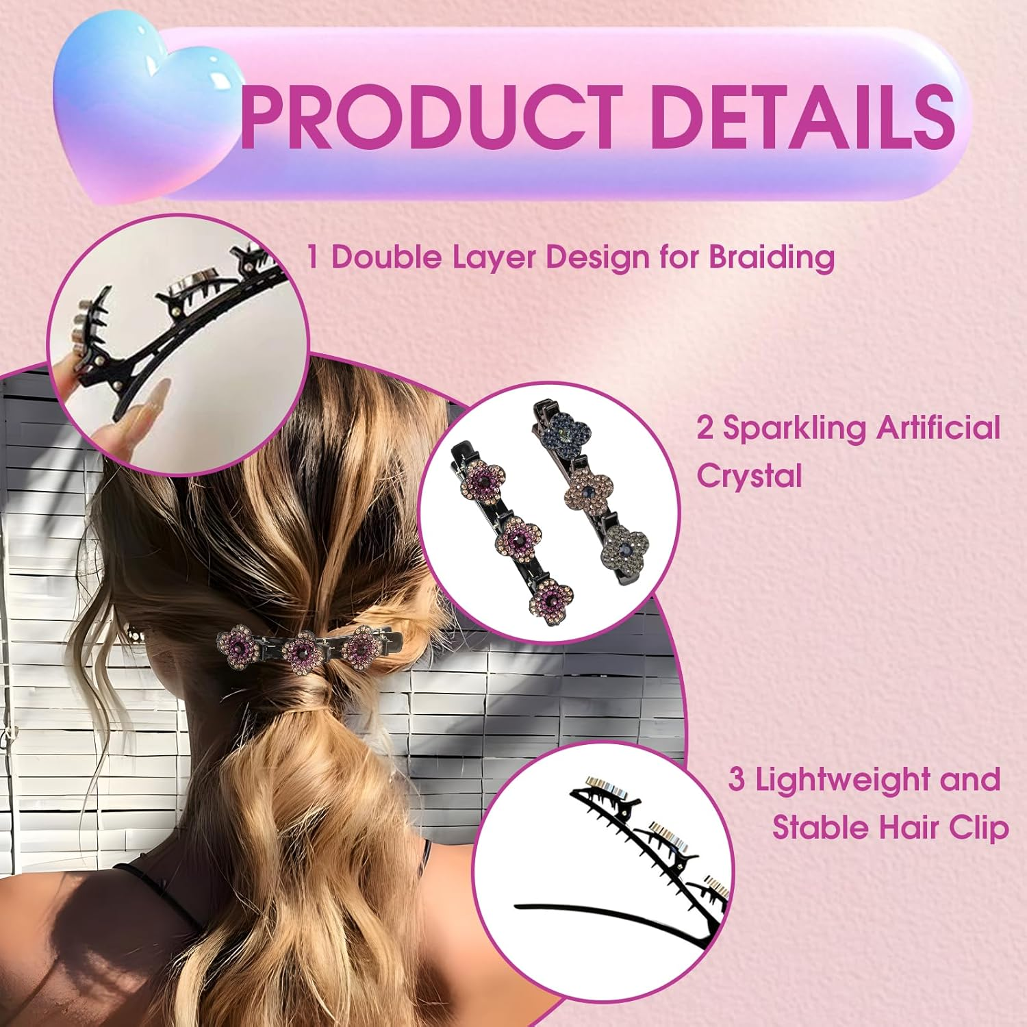 Pack of 6 Braided Hair Clips, Crystal Flowers Sparkling Double Layer Hair Clips Robust Stylish Hair Accessories Duck Beak Hair Clips for Women Girls for Everyday Party Updo image number 2