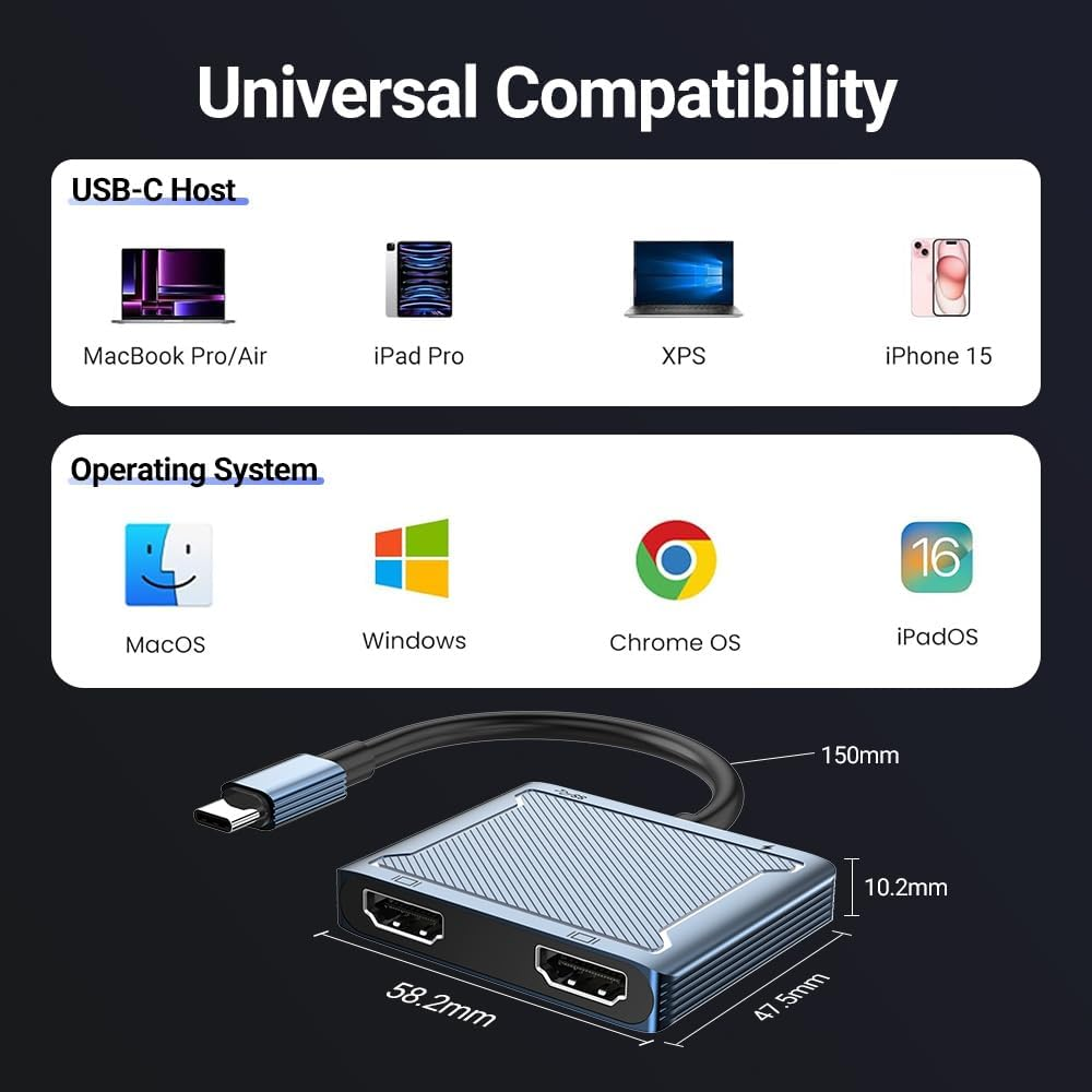 AHGEIIY USB C to Dual HDMI Adapter, 4-In-1 USB Type C Hub with 2 HDMI/USB3.0/PD Charging, Dual Screen Display USB-C Docking Station Dual HDMI Adapter for 2 Monitors Compatible with Thunderbolt 3 image number 4