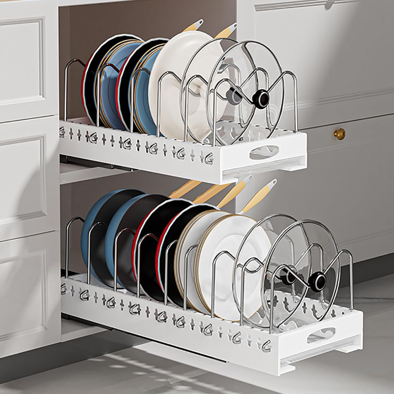 2 Pack Pots and Pans Organizer under Cabinet, Pull-Out Pots and Pans Organizer, under Cabinet Pot Lid Holder, Adhesive Sliding Type Pots and Pans Storage with 9 Adjustable Dividers (White)