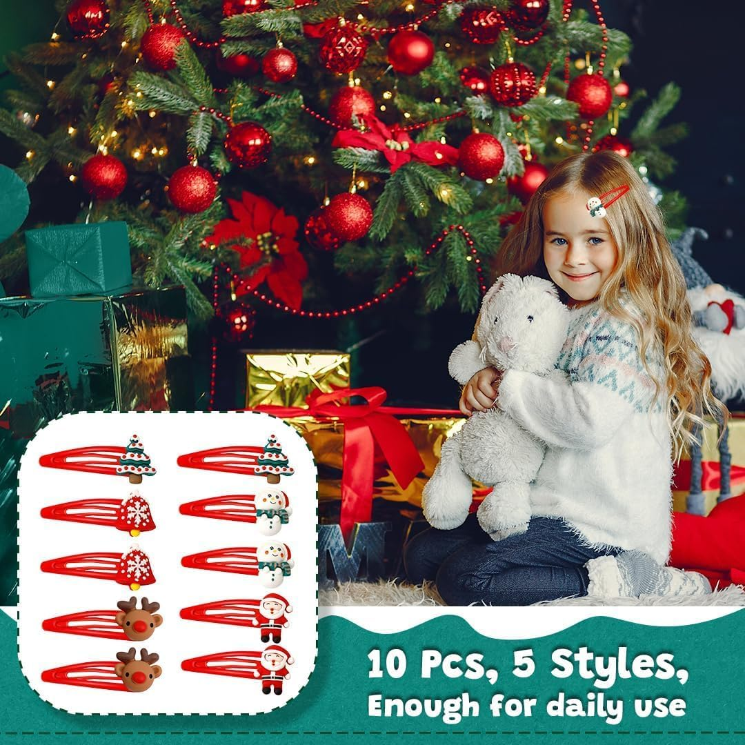 Christmas Hair Accessories, Hair Clips, Pack of 10, Hair Clips, Gifts for Children, Girls, Women, Christmas Decorative Hair Accessories, Reindeer Clips, Hair Pins, Headband (Red) image number 1