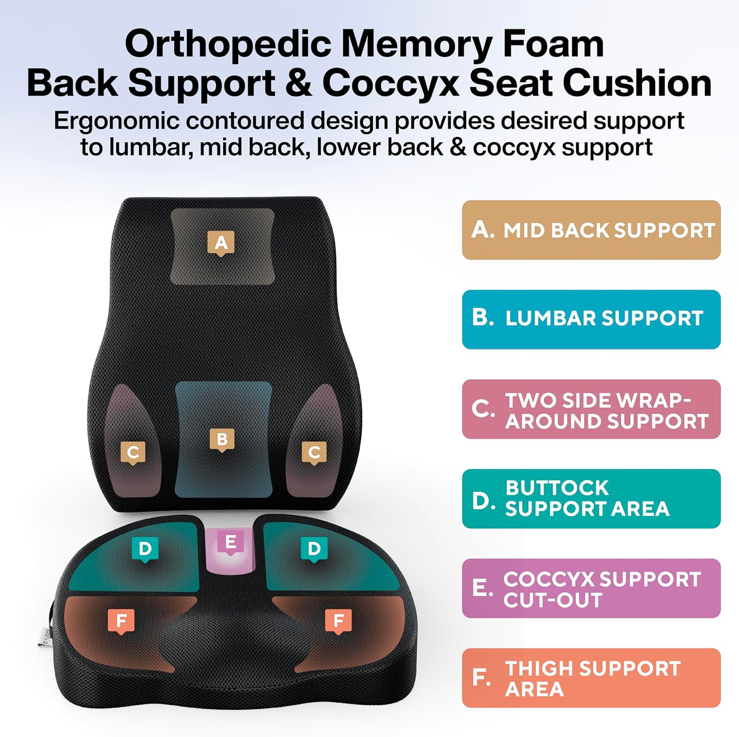 FOVERA Coccyx Seat Cushion for Tailbone & Back Support for Chair - Orthopedic Memory Foam Sitting Cushion Combo - Relieves Back, Sciatica, Hip, Seat Bone Pain - for Office & Home Chair image number 5