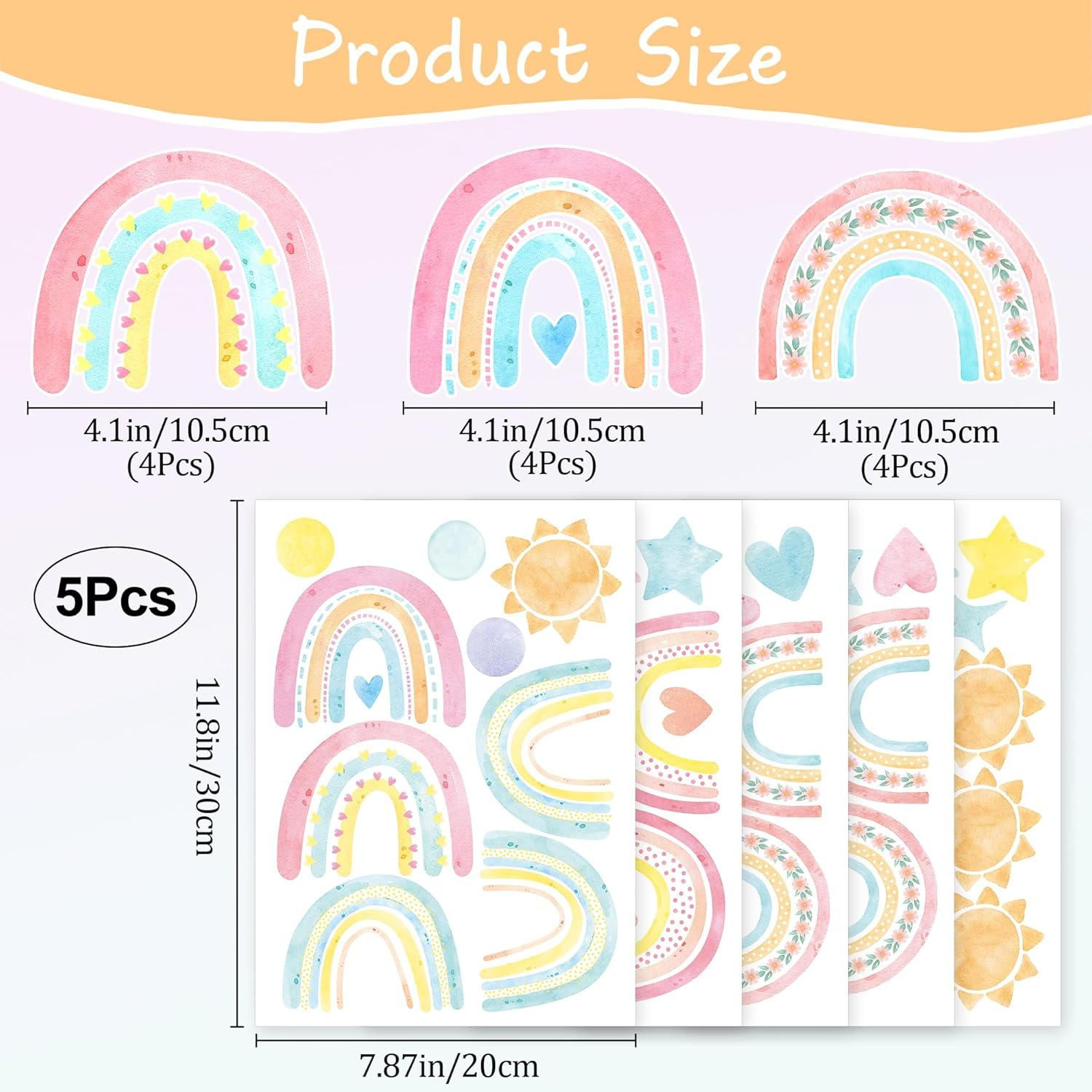 Boho Watercolor Rainbow Wall Stickers Polka Wall Decor Stickers Sun Star Heart Wall Art Stickers for Girls Bedrooms Living Room Decor Baby Nursery Home Office Sofa Decorations image number 4