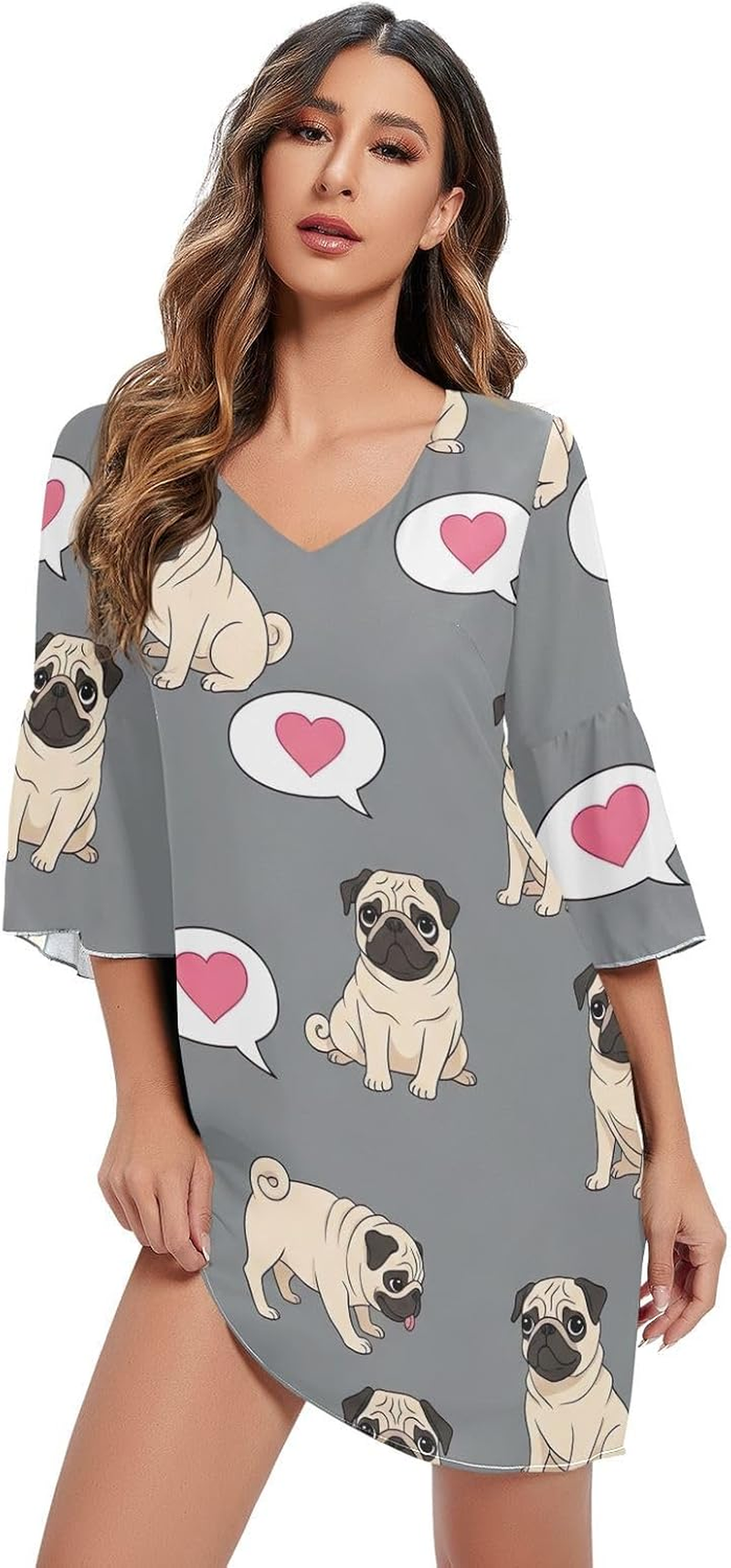Cute Pugs Heart Gray Chiffon V Neck Dress Printed Line Maternity Dress image number 1