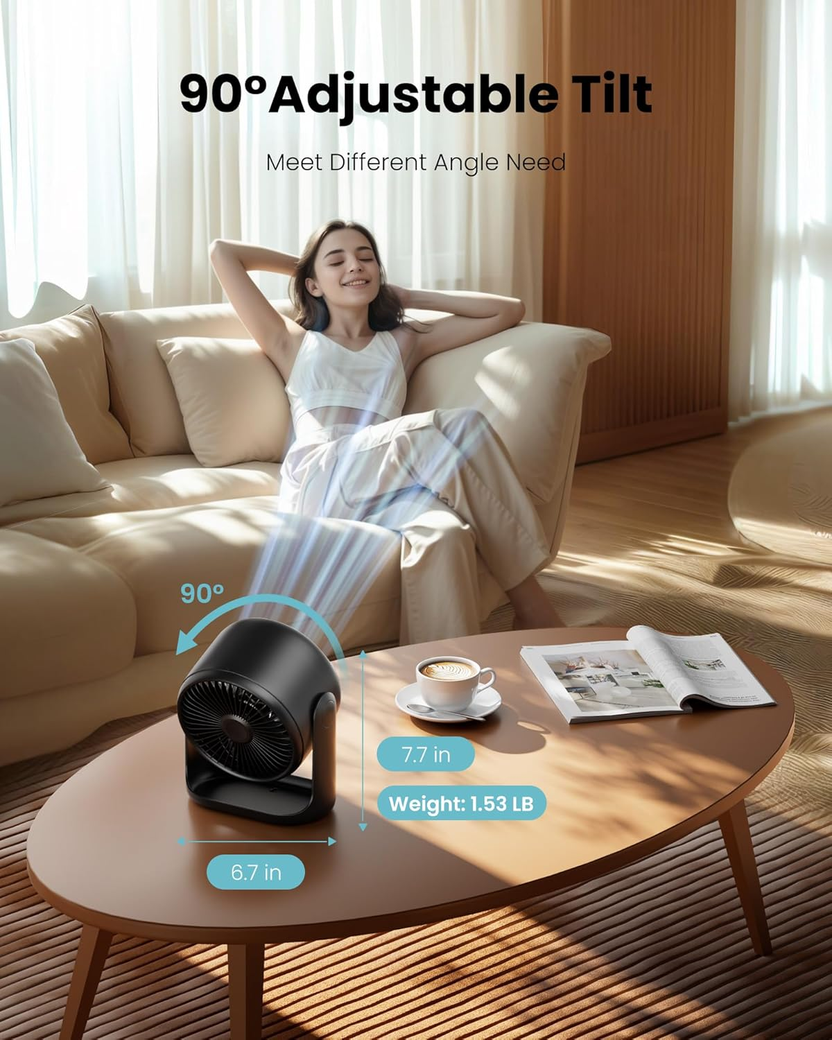 Gaiatop Desk Fan with Touch Control, 4000Mah Battery, 5 Speeds Ultra Quiet Bedroom Fan with LED Display, 90&deg; Tilt, 7.7 Inch USB-C Rechargeable Desktop Fan for Dorm Office Room Home Office, Black image number 5