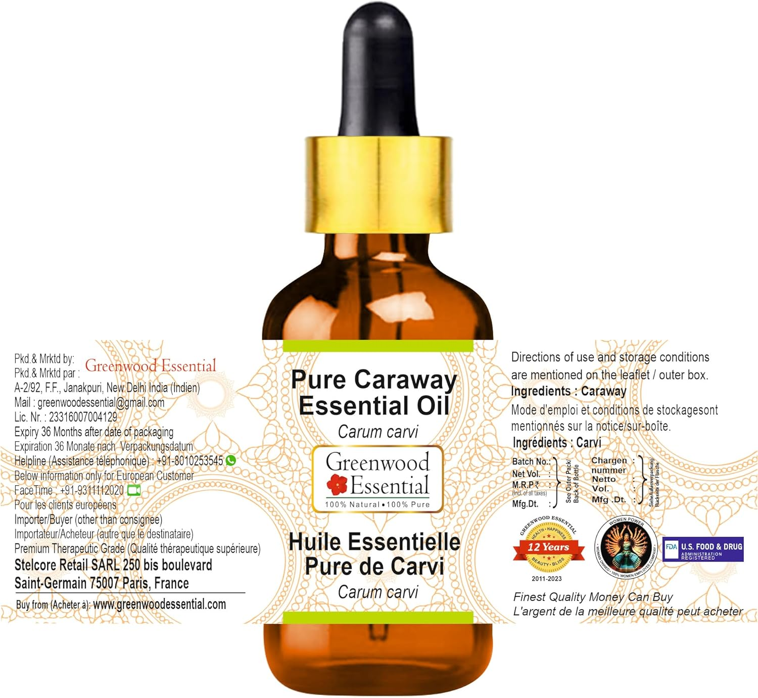 Greenwood Essential Pure Caraway Essential Oil (Carum Carvi) with Glass Dropper Steam Distilled for Personal Care 50Ml (1.69Oz)