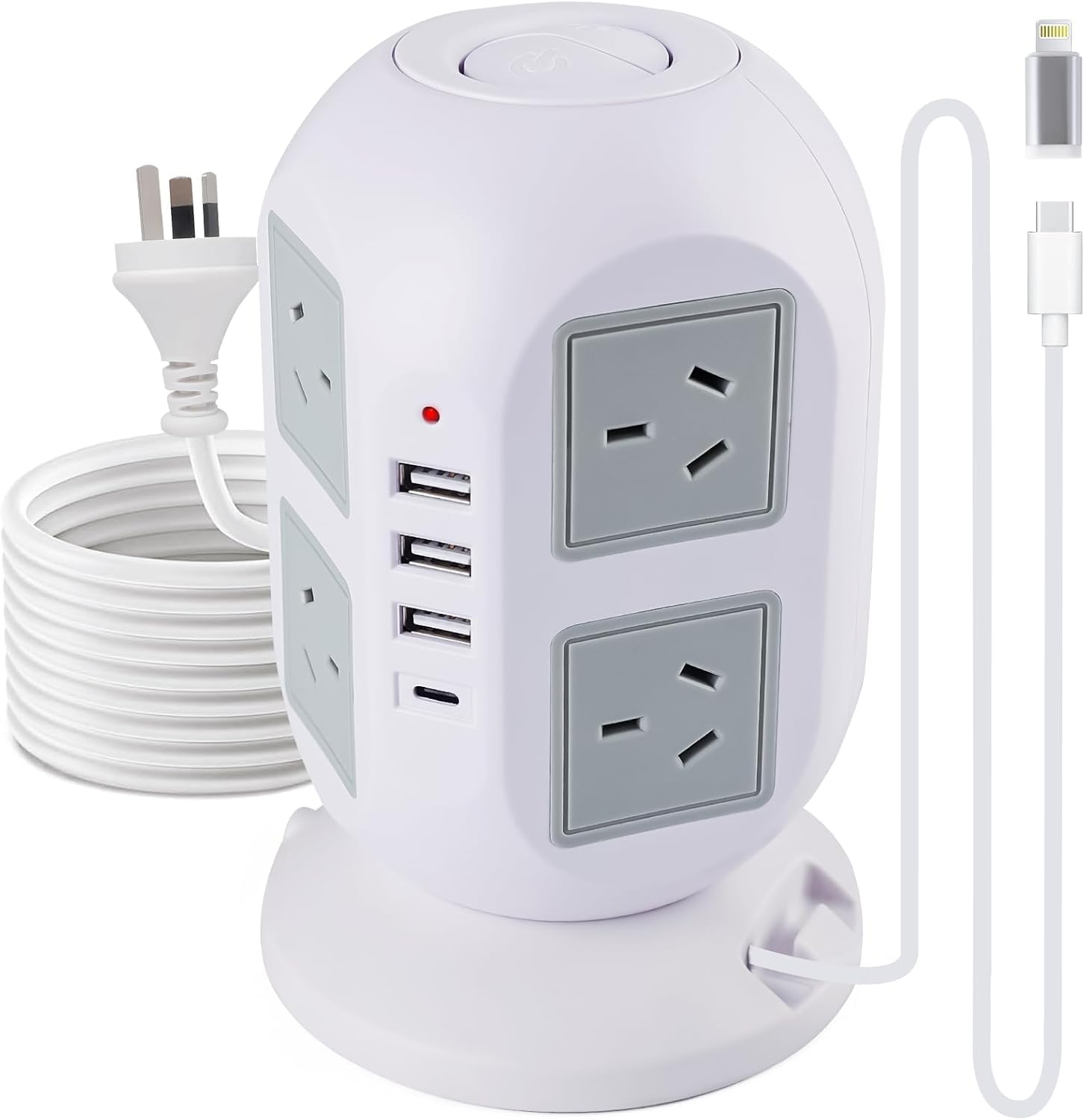 Tower Surge Protector Power Strip 10 Ft, Long Extension Cord with Multiple Outlets, 8 AC Outlets with 4 USB Ports (1 USB C), Charging Station Surge Protection, for Home Office Dorm (White)