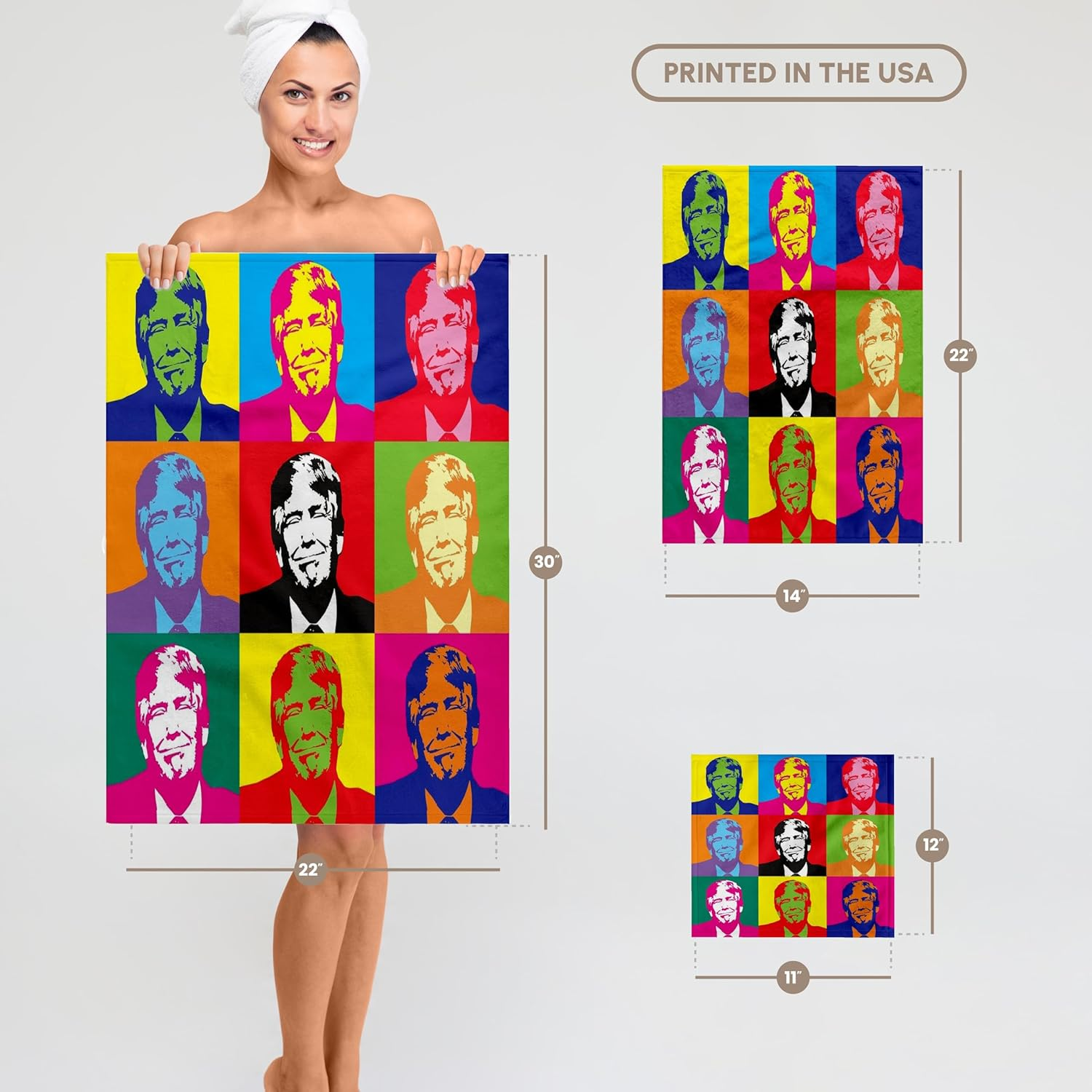 3Drose Towel, Image of Collage of Nine Trump Faces in Abstract Colors image number 3