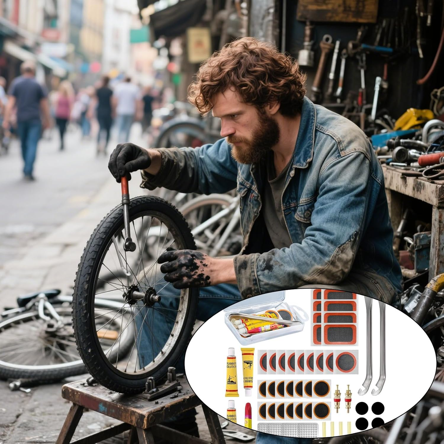 53Pcs Tyre Repair Kit, Inner Tube Tire Bike Repair Kit, Puncture Repair Kit Bicycle, Bicycle Tire Repair Tools, Suitable for All Bicycles, Mountain Bikes, Road Bikes and Commuter Bikes image number 6