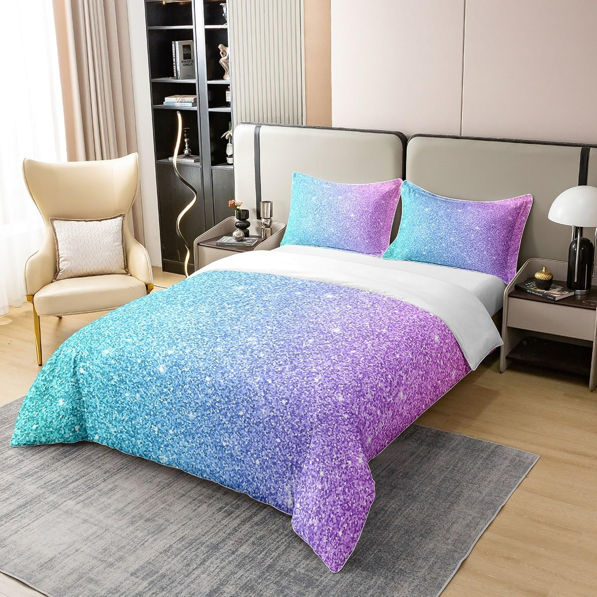 100% Organic Cotton Colourful Glitter Bed Linen 135 X 200 Cm Girly Turquoise Teal Blue Pink Pastel Girls Duvet Cover Trendy Comforter Cover for Kid Women Quilt Cover Sparkle Sequins Pattern Bling Room image number 4