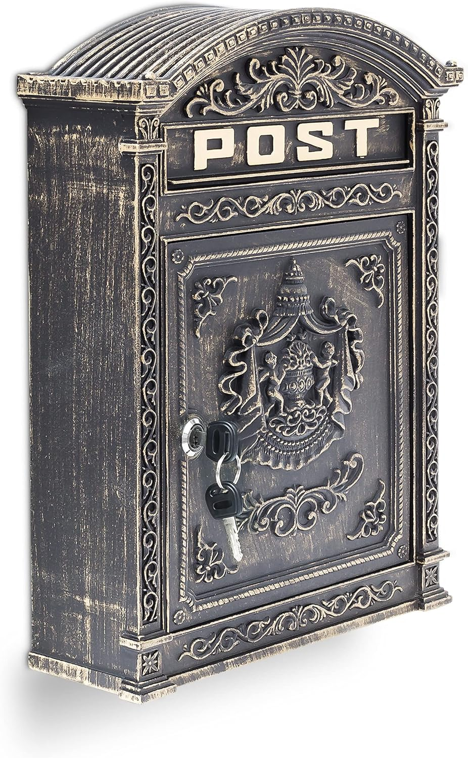 Relaxdays Antique Letterbox, 44.5 X 31 X 9.5 Cm, English-Style Wall-Mount Mailbox, Cast Aluminum, for DIN A4 Letters, with Roof, Black