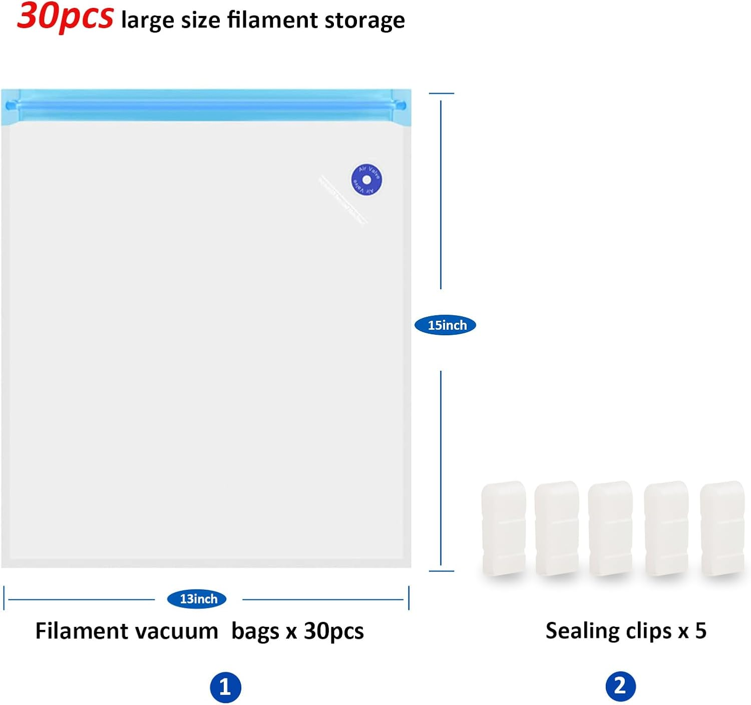 LVVJ3D Filament Storage Bags 30Pcs, plus Sie 3D Printer Filament Storage Bags Vacuum Sealed Kit, Perfect for 3D Printer Filament Storage and Keep Filament Dry
