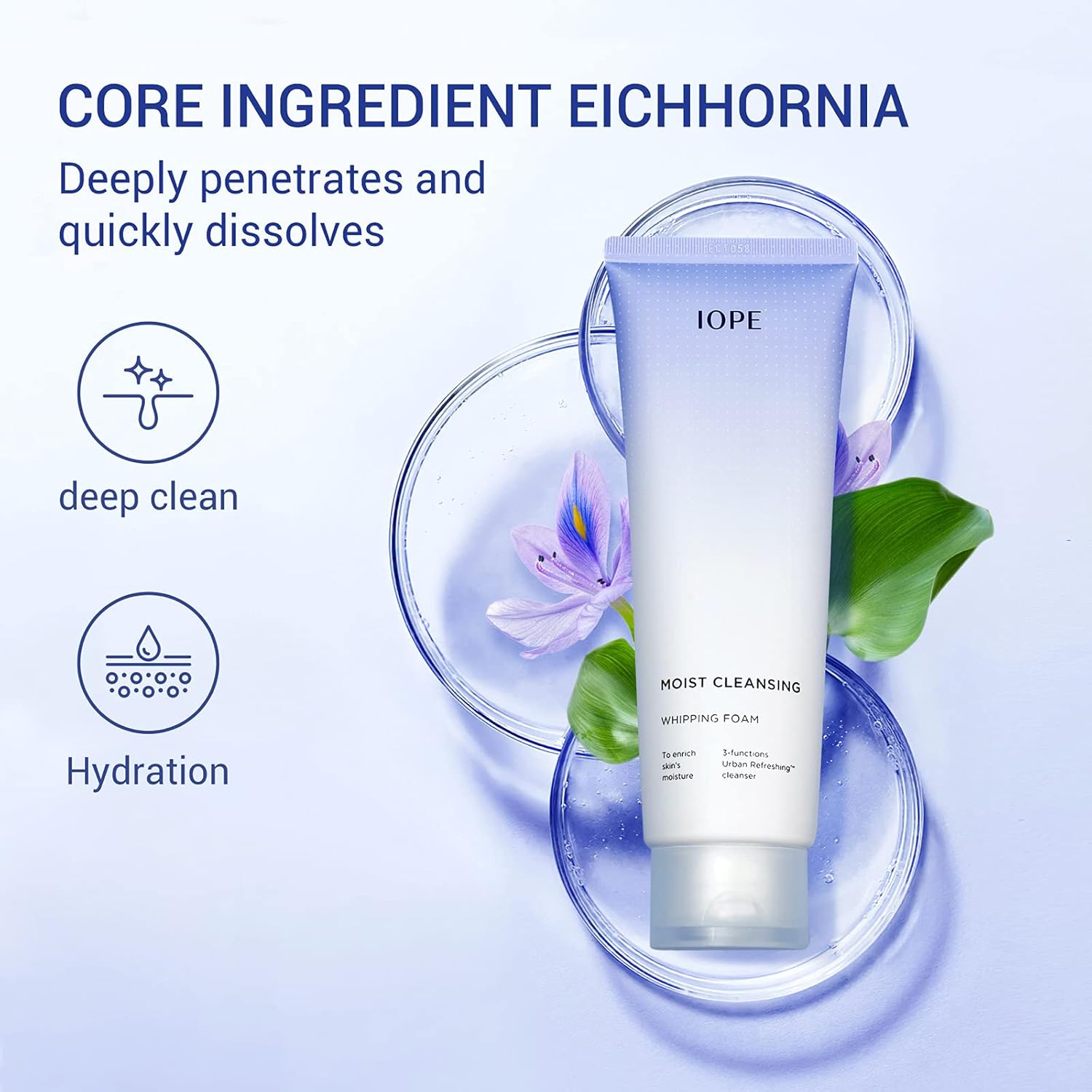 IOPE Face Wash, Moist Cleansing Whipping Foam, Daily Cleanser for Gentle Exfoliation, Makeup Remover for All Skin Types - Skin Hydration with Flower Extract - Korean Skin Care, 6.09 Fl Oz. image number 2