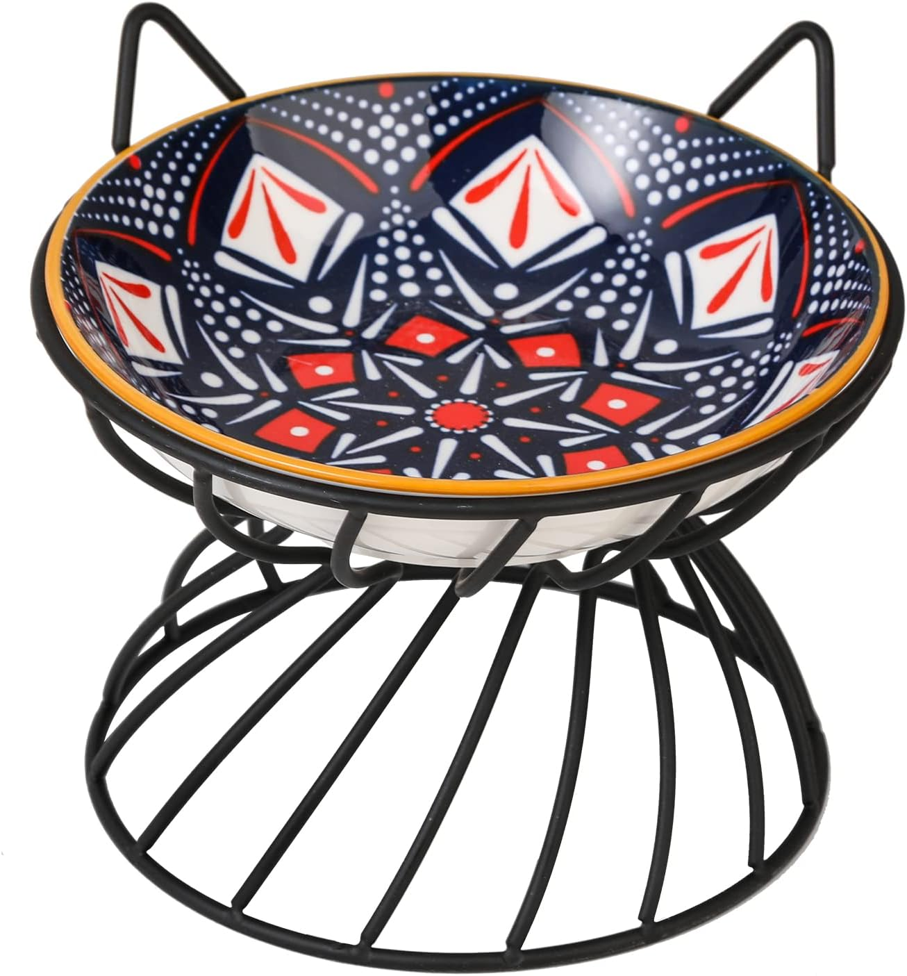 Raised Ceramic Cat Food Bowl - Elevated Cat Dish with anti Slip Stand - Wide Shallow Cat Bowl Whisker Friendly - Cute Cat Plate - Cat Feeding Bowls - Microwave and Dishwasher Safe - 8.5 Oz - 5.75 Inch