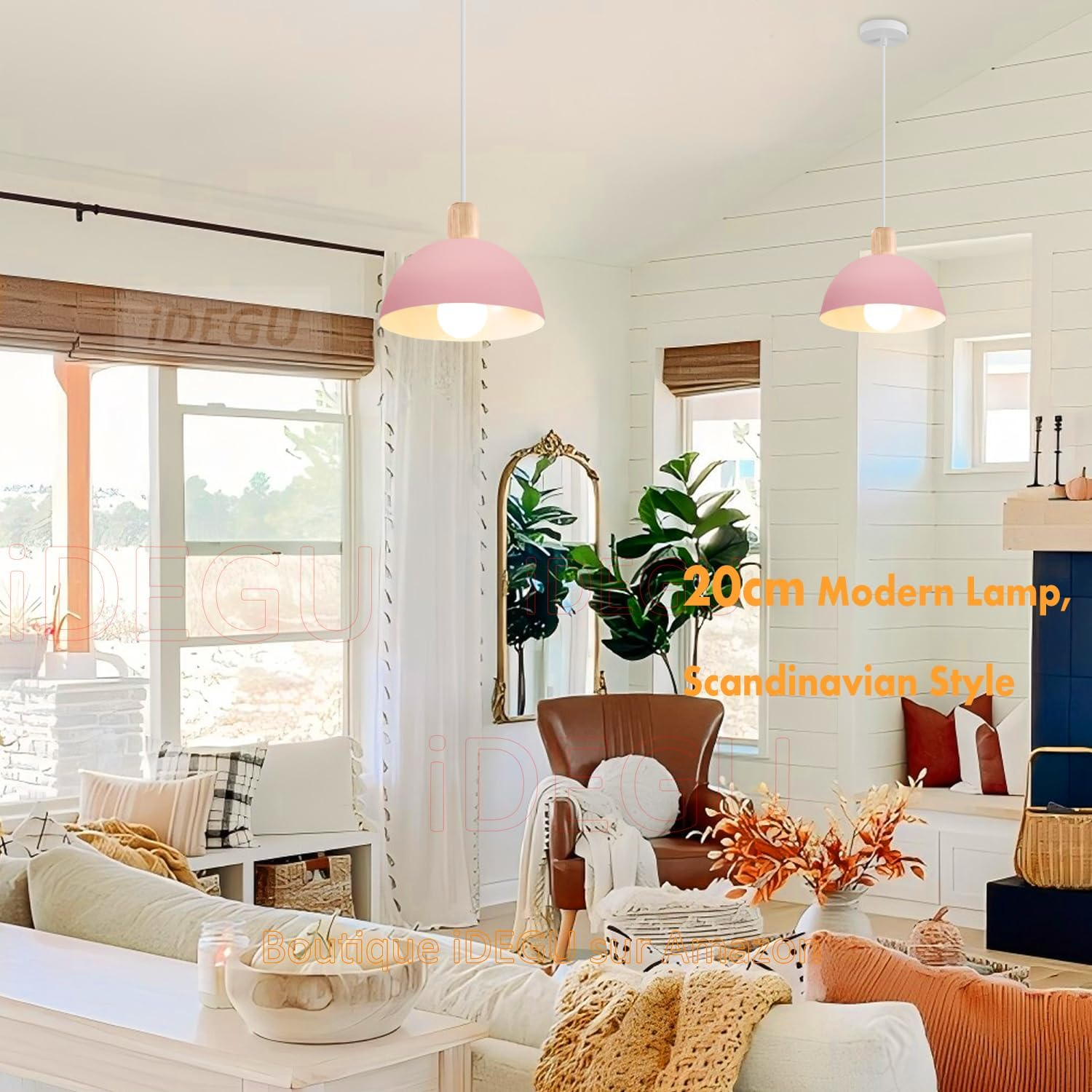 Idegu Diameter 20 Cm Pendant Lamp Retro E27 LED Pendant Light Modern Scandinavian Ceiling Light Made of Metal Wood Pendant Light for Bedroom Dining Room Kitchen Restaurant (Pink, 1 Piece) image number 4