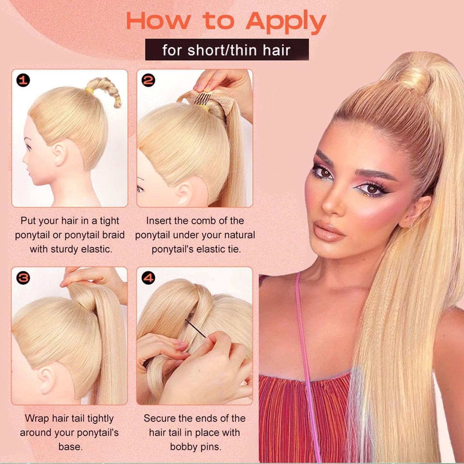 Ash Blonde Ponytail Extension 60Cm Long Straight Wrap around Clip in Synthetic Fiber Hair Ponytail Hair Extensions Hairpiece for Women Girls Daily Wear,120G image number 3