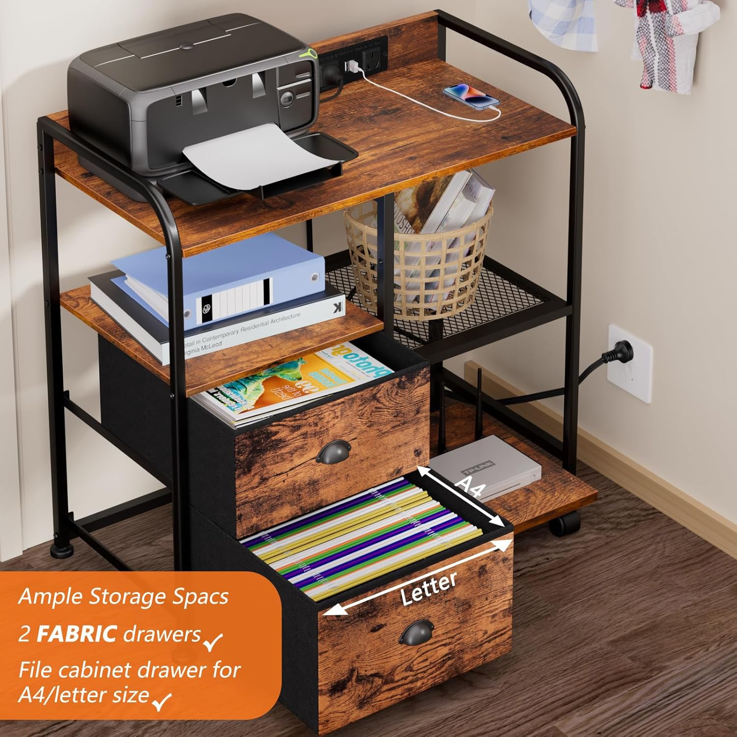Kisfam Printer Stand with Filing Cabinet, USB Charging Station, 4 Open Shelves, Adjustable Height & Mobile Casters for Office/Home Use image number 6