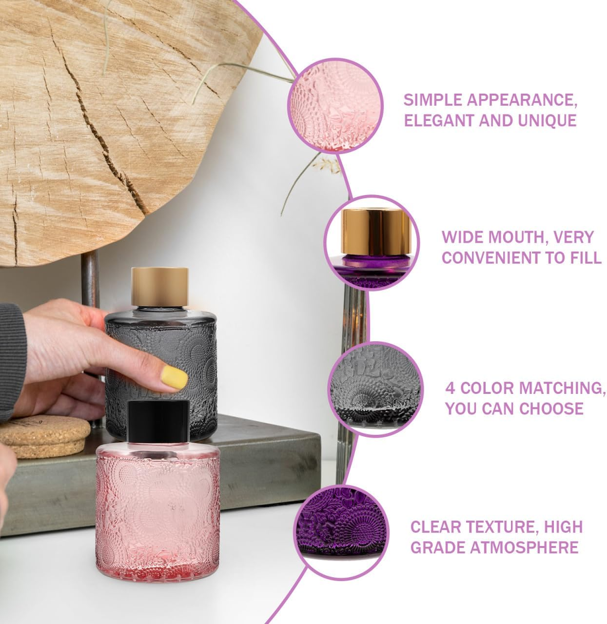 Operitacx 4Pcs Glass Diffuser Bottles Set of 4, 3.5 Height 100ML, Small Bottle Shape, Diffuser Jars for Home Fragrance (White, Pink, Grey, Purple) image number 6