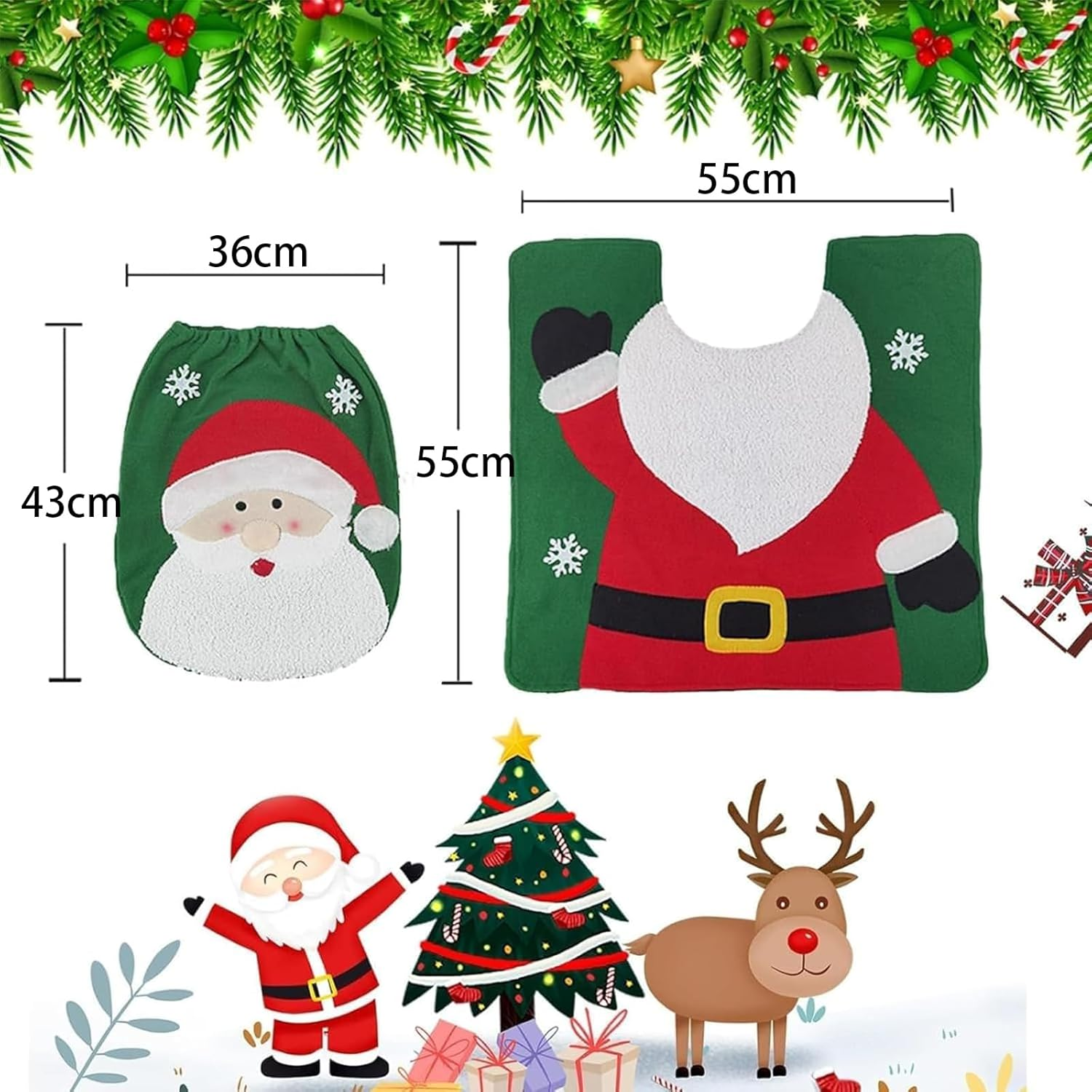 Christmas Toilet Seat Cover Set, Santa Bathroom Decor with Soft Toilet Cover & Non-Slip Mat, Festive Holiday Bathroom Decoration for Xmas image number 3
