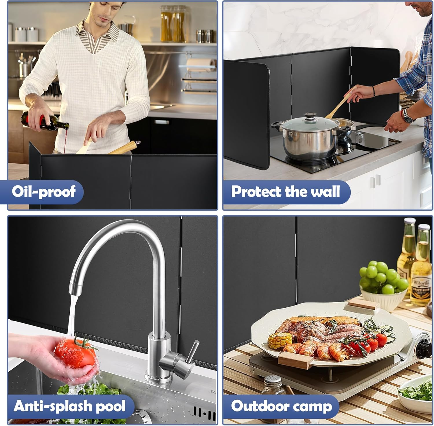 Foldable anti Splatter Shield Guard, Grease Splatter Screen Oil Gas Barrier, 40Cm Height 4 Sided Splatter Guard, Heat Insulation Kitchen Utensils, Splashproof Baffle for Kitchen Cooking Black - Black image number 5