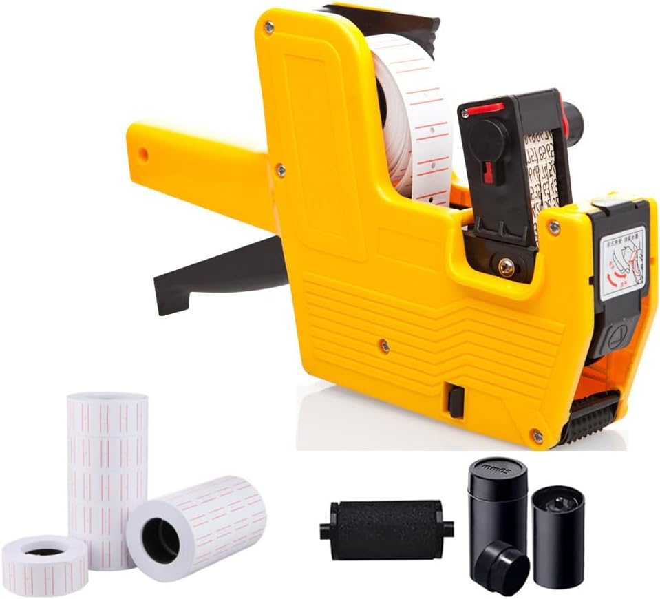 1-Line 8 Digits Price Label Gun with 10 Rolls/6000Pcs White Labels 3 Inkers,Pricing Stickers Labeler,Tag Maker Tagging Machine Gun for Office,Retail Shop,Grocery Store(Bright-Red)