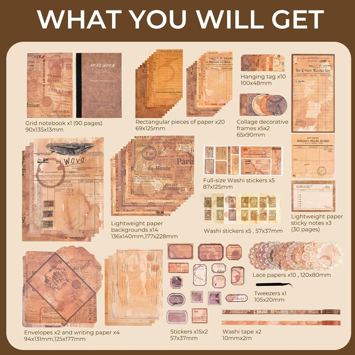 Funto Scrapbooking Kit (202 PCS), Vintage Collection-Retro Travel, Perfect for Bullet Scrapbooking Materials, Planner DIY Arts Craft Collage image number 6