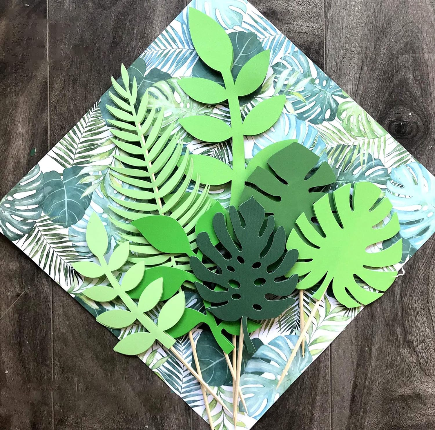 Jevenis Tropical Leaves Cake Topper for Wedding, Green Palm Leaf for Jungle Theme Birthday Party Decor, Safari Decor image number 3