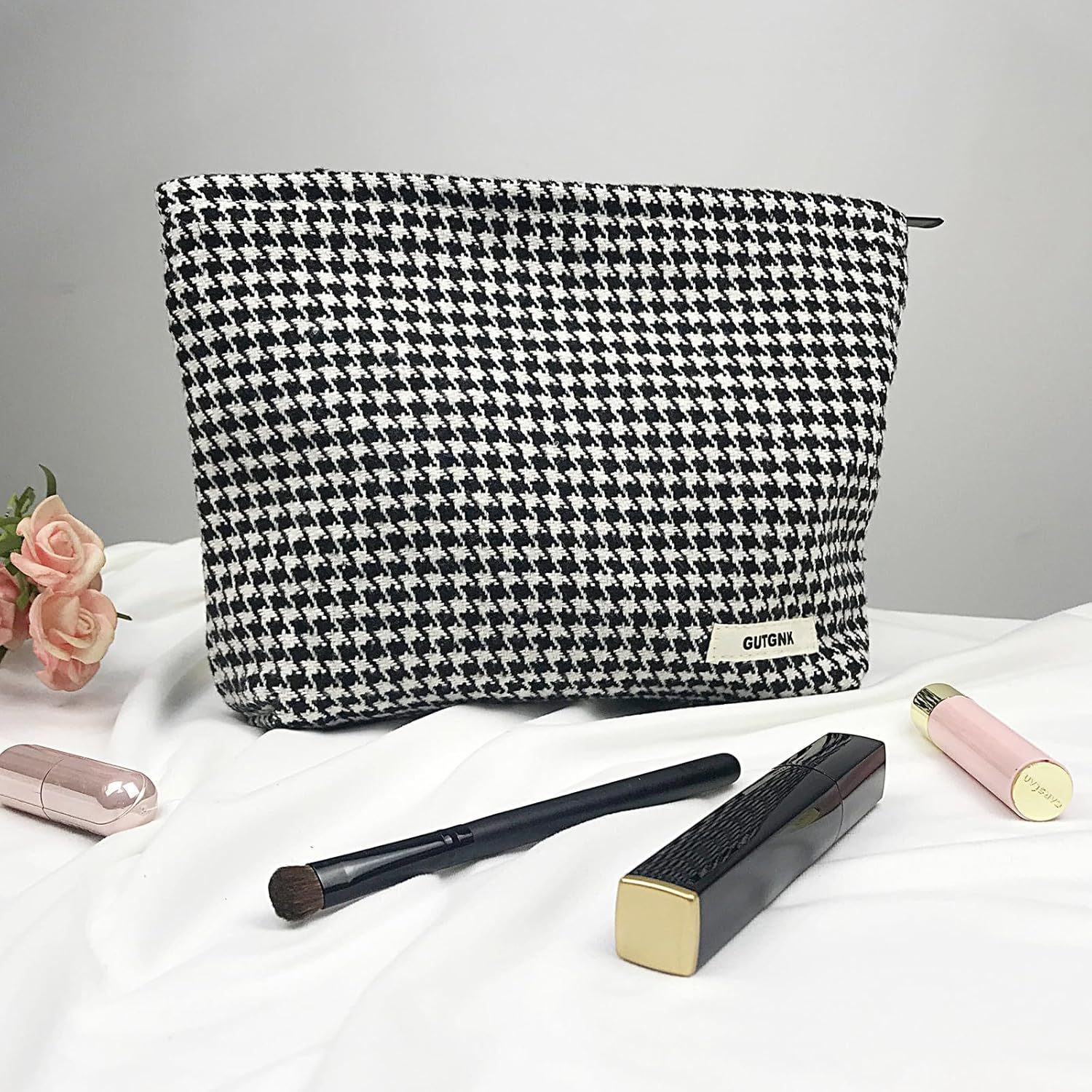 Makeup Bag for Women, Corduroy Cosmetic Bag Aesthetic Design Ladies Tote Bag, Pencil Case for Girls, Cute Smiley Face Makeup Organizer with Zipper, Black Houndstooth image number 2