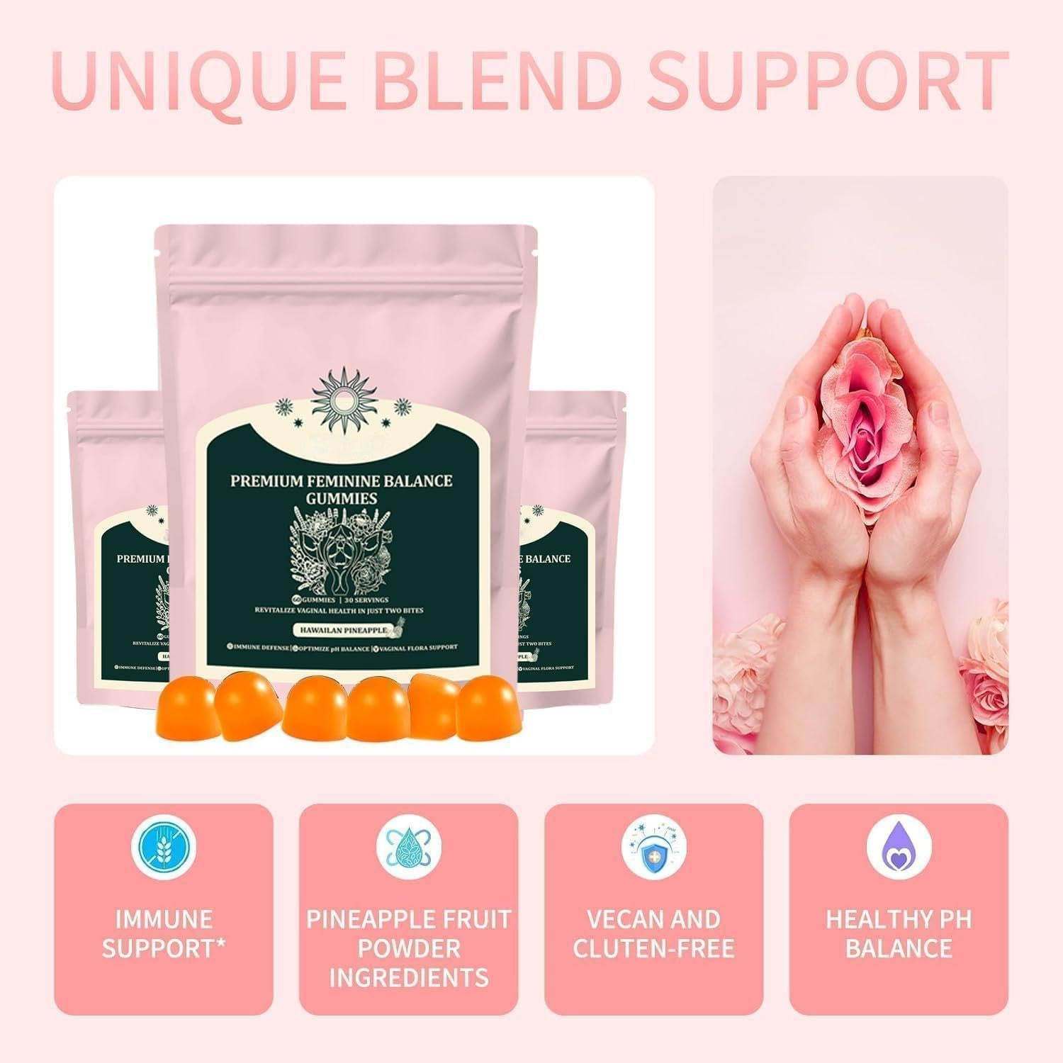 Feminine Balance Gummies &ndash; Vaginal Probiotics & Probiotics for Women &ndash; Vegan, Low Sugar, Gluten-Free &ndash; Pineapple Flavor &ndash; 60 Gummie image number 2