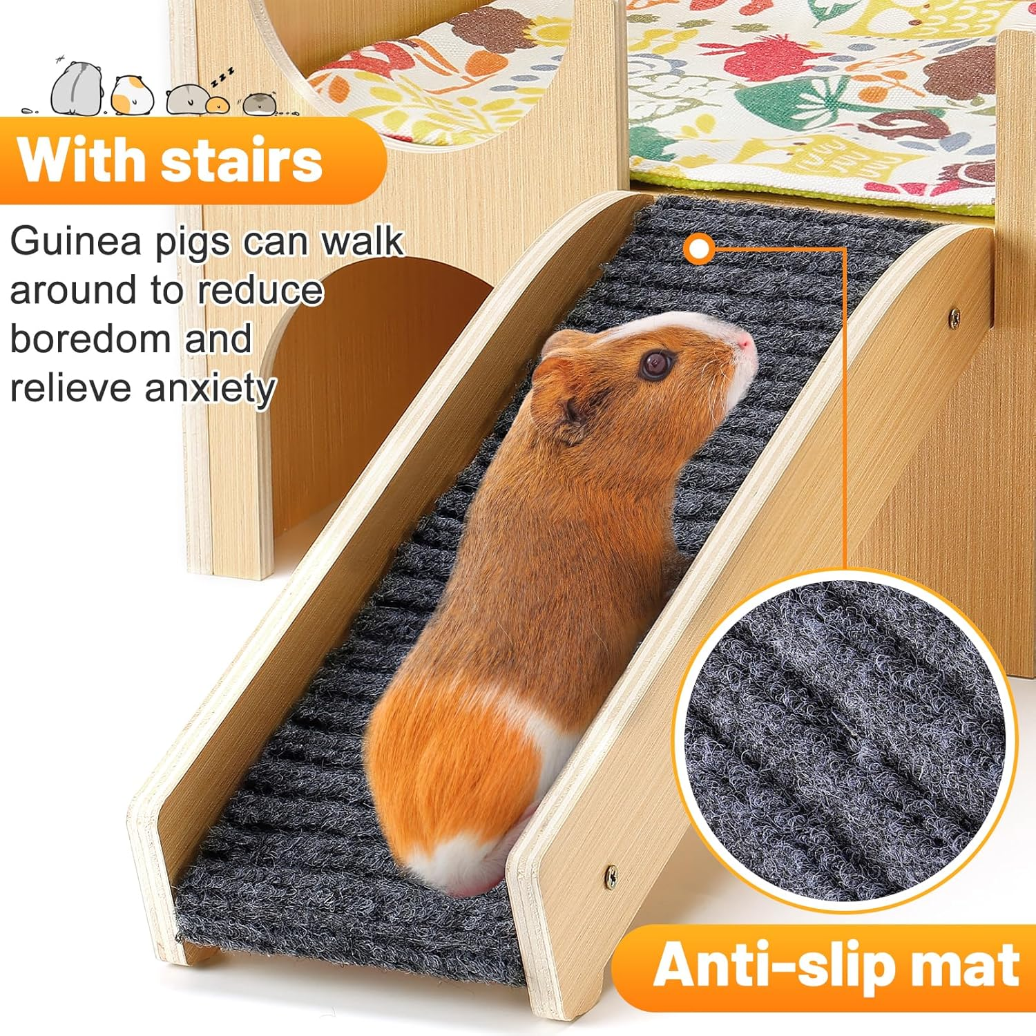 Upgraded Guinea Pig Castle, Sturdy Wooden Guinea Pig Hideout, Small Animal House Bed Hut Habitats with Stairs, Easy to Assemble for Hamsters Bunny Chinchillas Playing Hiding image number 5