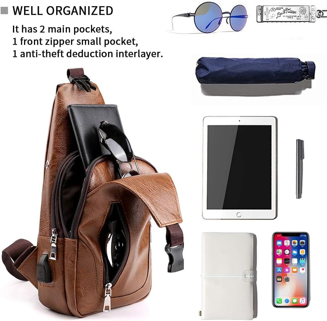 MAIABLEAU Men Sling Bag anti Theft Shoulder Bag Small Leather Crossbody Sling Backpack with USB Charge Port image number 6
