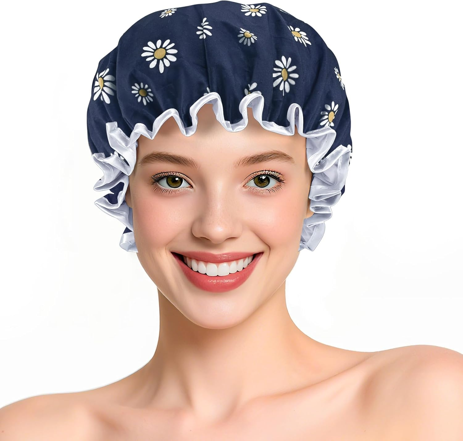 Double Layer Waterproof Shower Cap with Elastic Band, Reusable Bath Cap for Women -Large Waterproof Plastic Shower Hat for Long, Short and Curly Hairs Spa Salon (Deep Blue-Little Daisy)