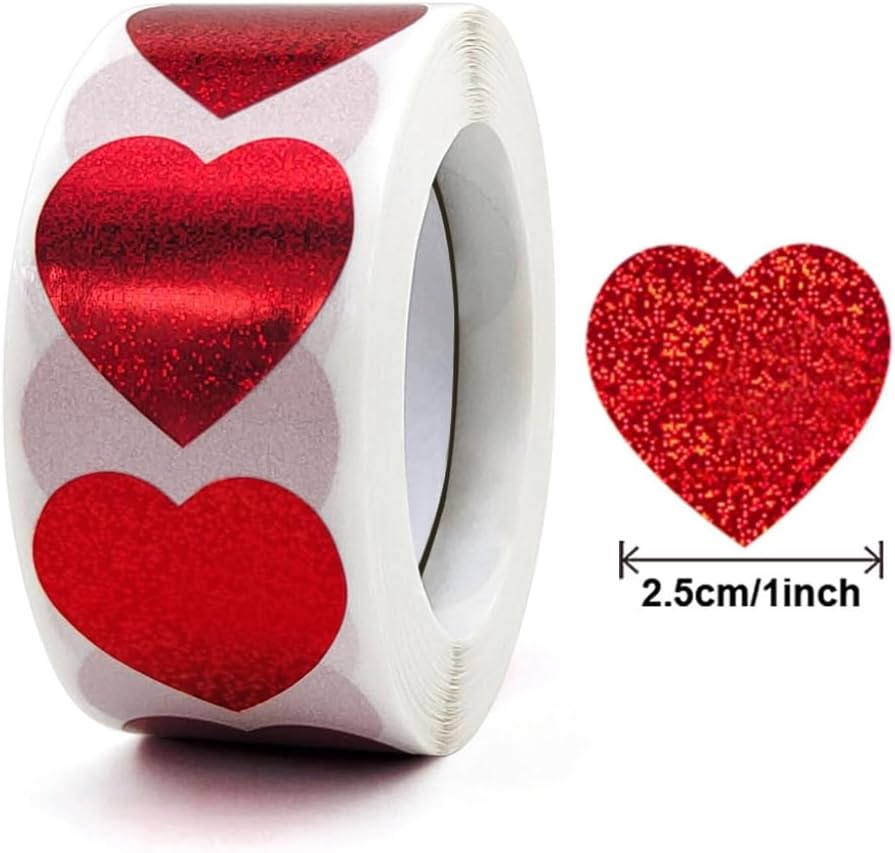 Glitter Red Heart Stickers, 500Pcs Roll, Red Glitter Heart Stickers, Waterproof, Easy to Use, Cute Foil Stickers, Multi-Purpose Gift Stickers image number 3