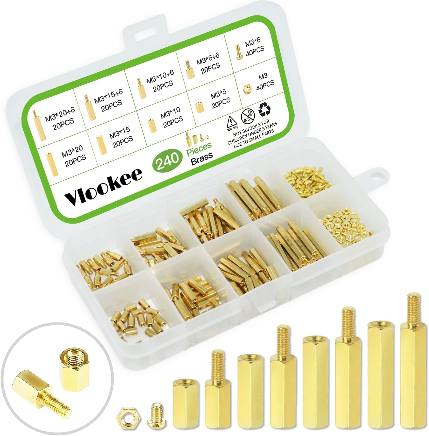 Vlookee M3 Standoff Kit 240PCS M3 Brass Male-Female Hex Brass Spacer Standoff Screw Nut Assortment Kit,Hexagon Threaded Pillar,Pcb Motherboard Circuit Board,Standoffs Mounting,With Storage Box