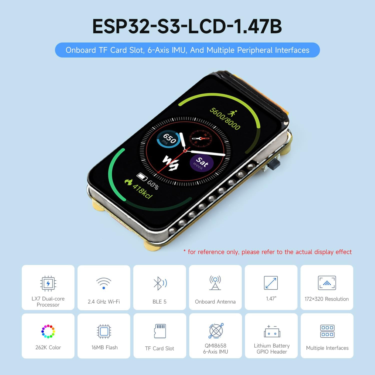 Waveshare ESP32-S3 1.47Inch LCD Display Development Board, 172&times;320 Resolution, 262K Display Color, Supports 2.4Ghz W-FI/BLE 5, 240Mhz LX7 Dual-Core Processor, ESP32 with Mini Display image number 3