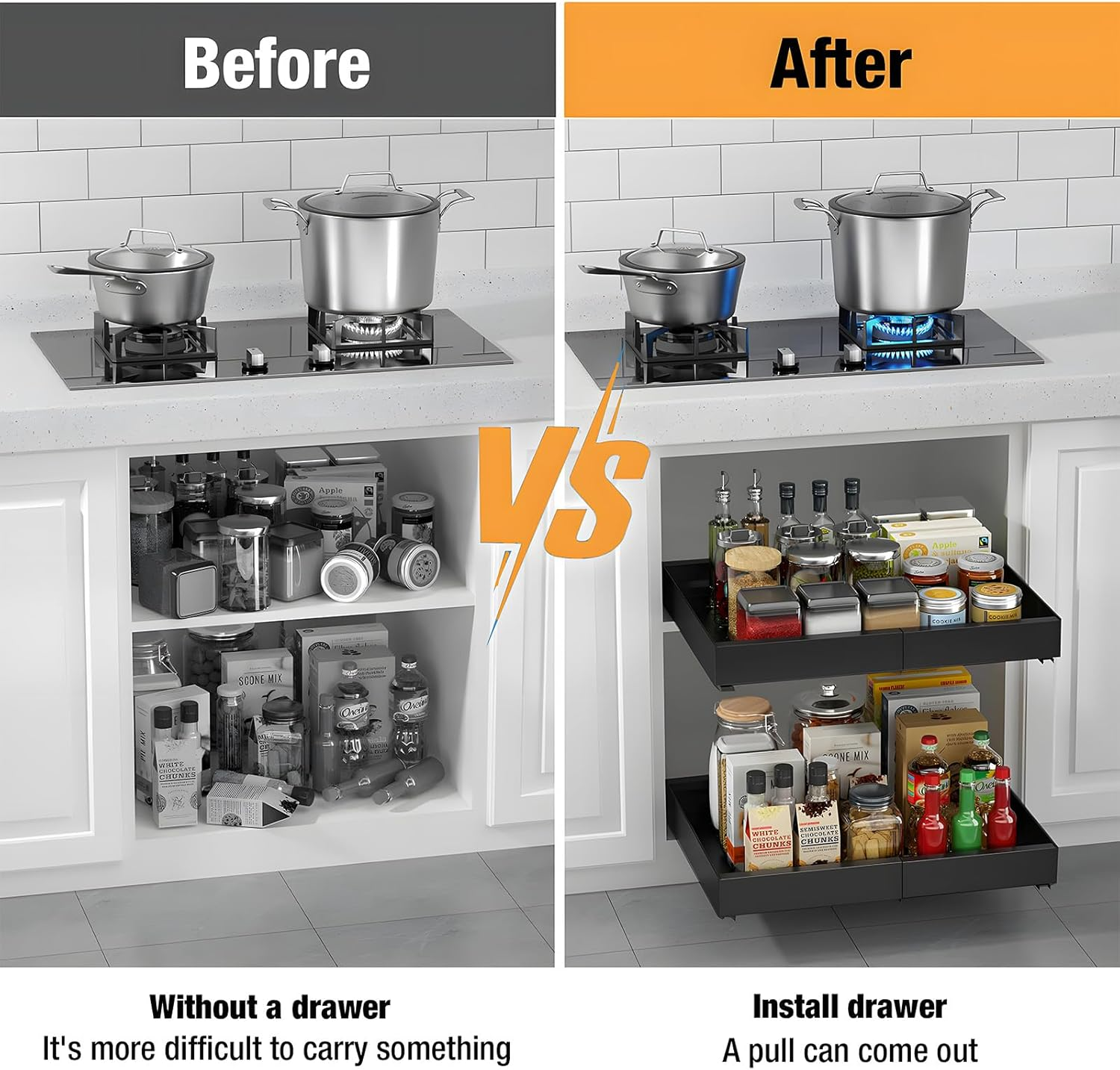 Pull Out Cabinet Organizer, Expandable Heavy Duty Slide Out Drawers Fixed with Adhesive Nano Film, Roll Out Shelf Storage for Kitchen Base Cabinet Organization,Pantry,Bathroom, Black 1Pcs(17.1"-26.7") image number 1