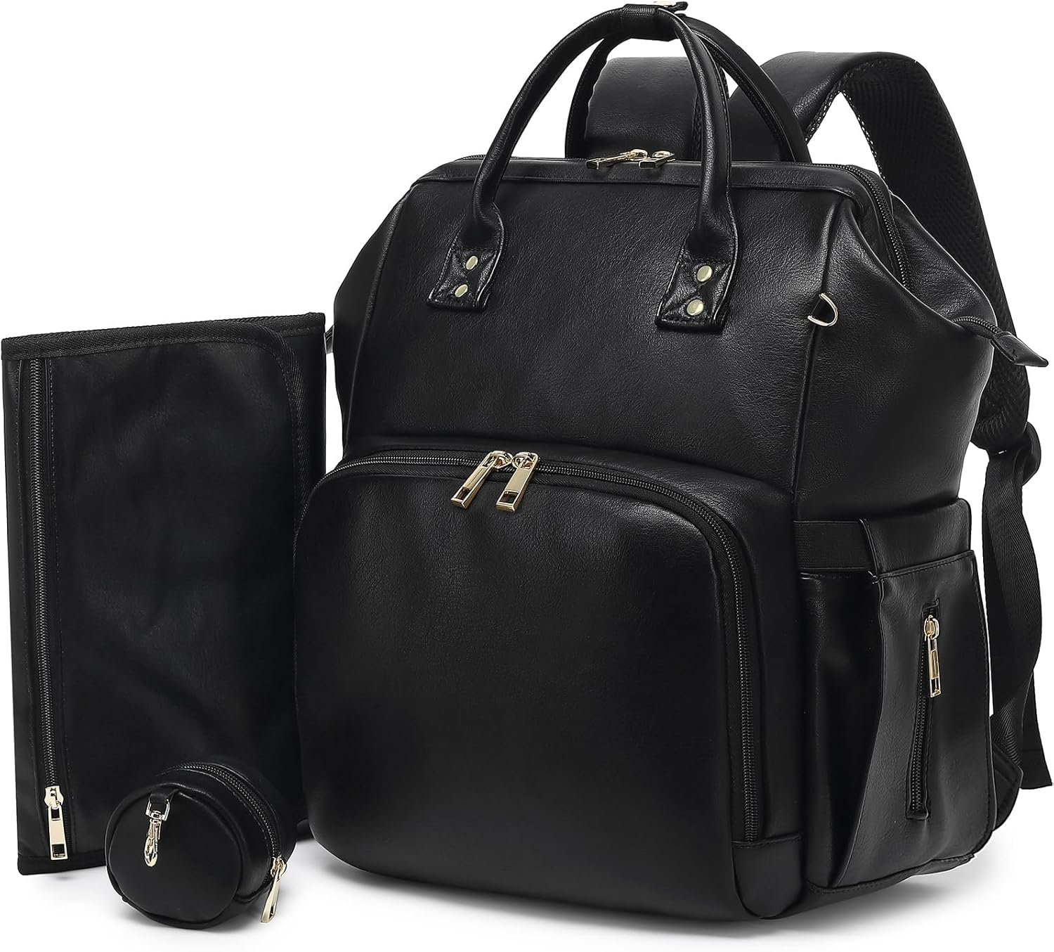 Vegan Leather Diaper Bag Backpack for Boy Girl with Changing Pad and Pacifier Case