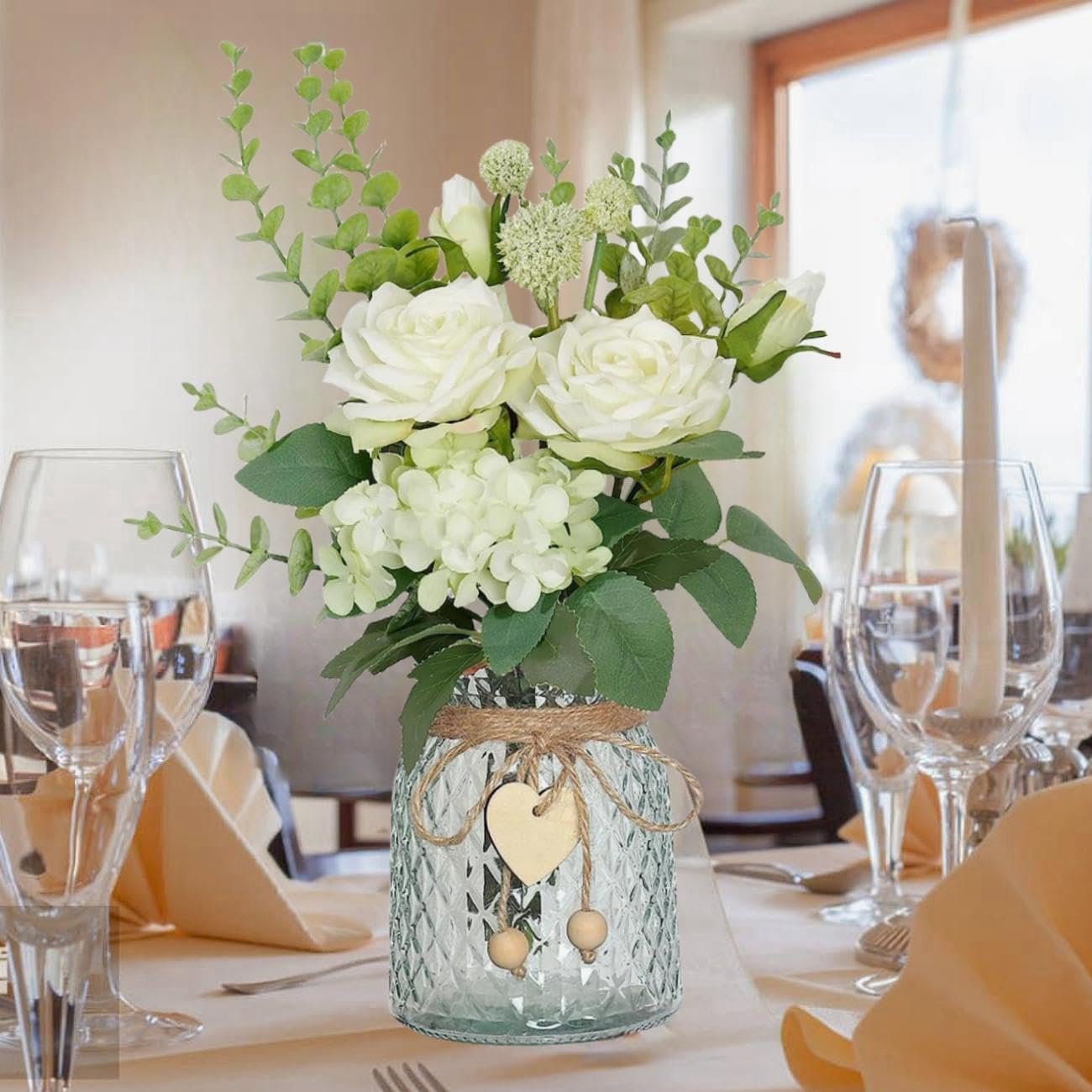 Artificial Flowers with Glass Vase Fake Flower Bouquet Faux Rose in Vases for Home Dcor Flowers Modern Home Decor Table Decorative Flower Vase for Dinner Office Bedroom, White - White image number 6