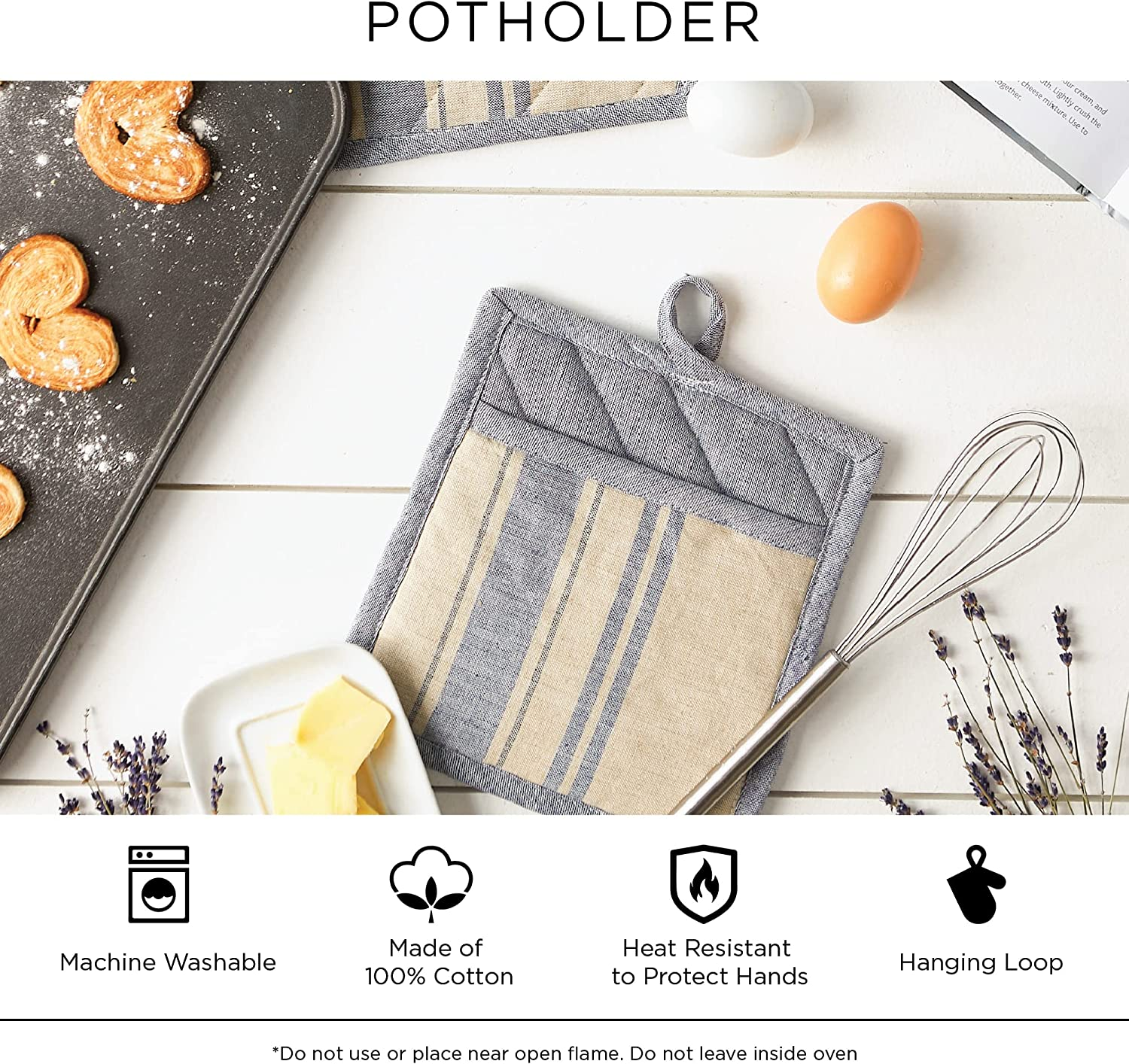 DII Cotton Heat Resistant Kitchen Pot Holders Set, (Set of 2-8X8.5), Farmhouse Chic Geometric Design, Heat Resistant and Machine Washable for Every Home Kitchen - Stripe image number 6