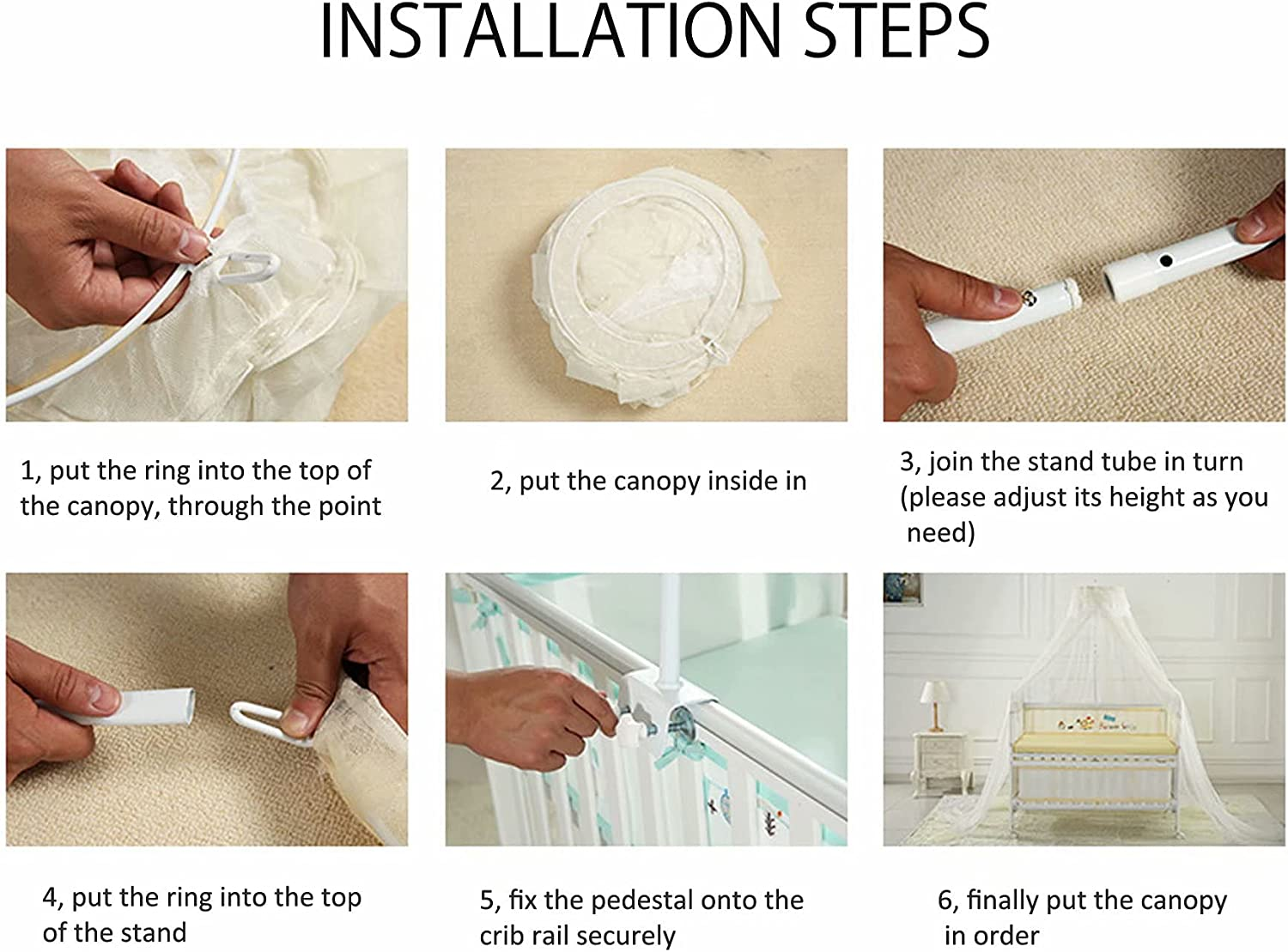 Baby Bed Canopy with Adjustable Clip-On Stand Baby Crib Cot Net Tent Hanging Dome Curtain Netting See through Mesh Bed Cover Net Stand Rod image number 4