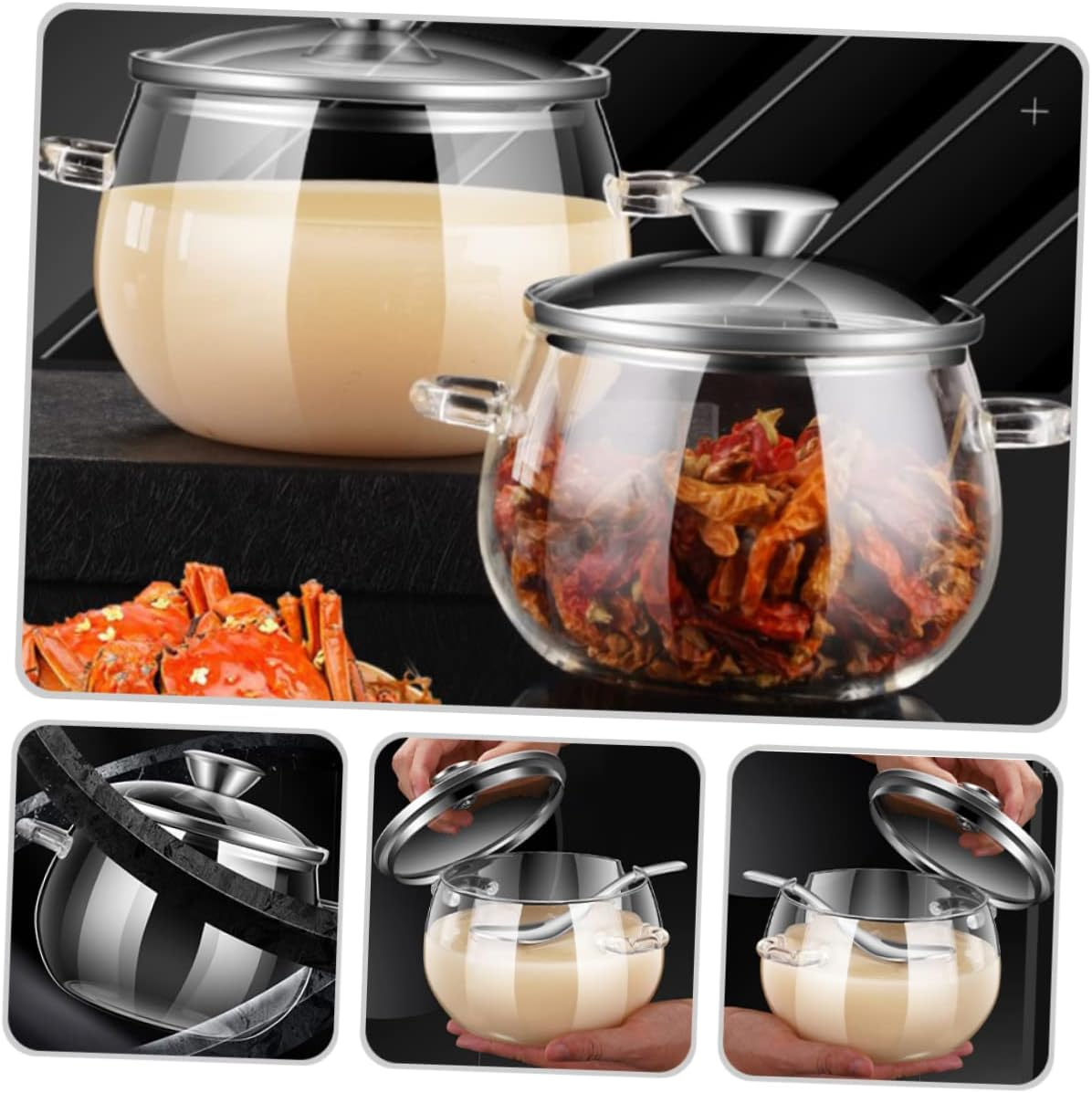 OKUMEYR 1Set Large Capacity Glass Lard Oil Storage Canister Spoon Kitchen Food Storage Jar for Home Use Heat Resistant Smooth Practical Kitchen Organizer image number 5