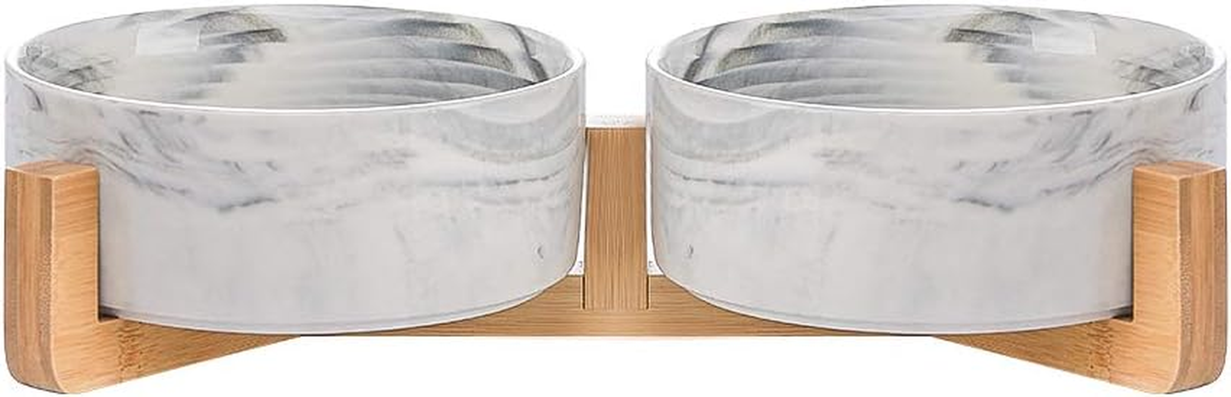 Raised Ceramic Large Dog Bowl - Heavy Weighted Dog Dish with Bamboo Stand - Elevated for Comfortable Feeding - 8.3" W X 8" H - 4.5 Cups (68 Fl Oz) - White