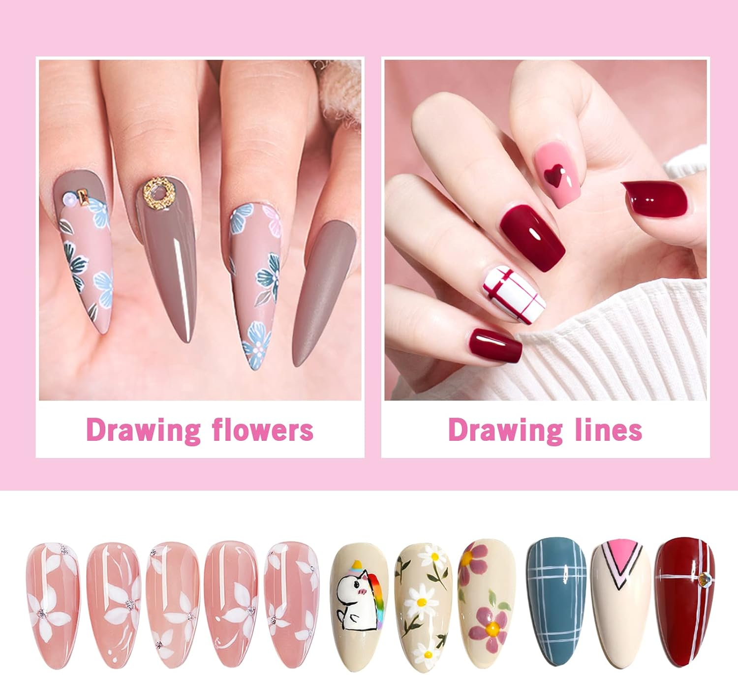 Sularpek Nail Art Liner Brushes, 5 Pcs Nail Painting Brush Pen, Professional Detail Painting Pens Kit for Salon at Home DIY Manicure (Pink) image number 4