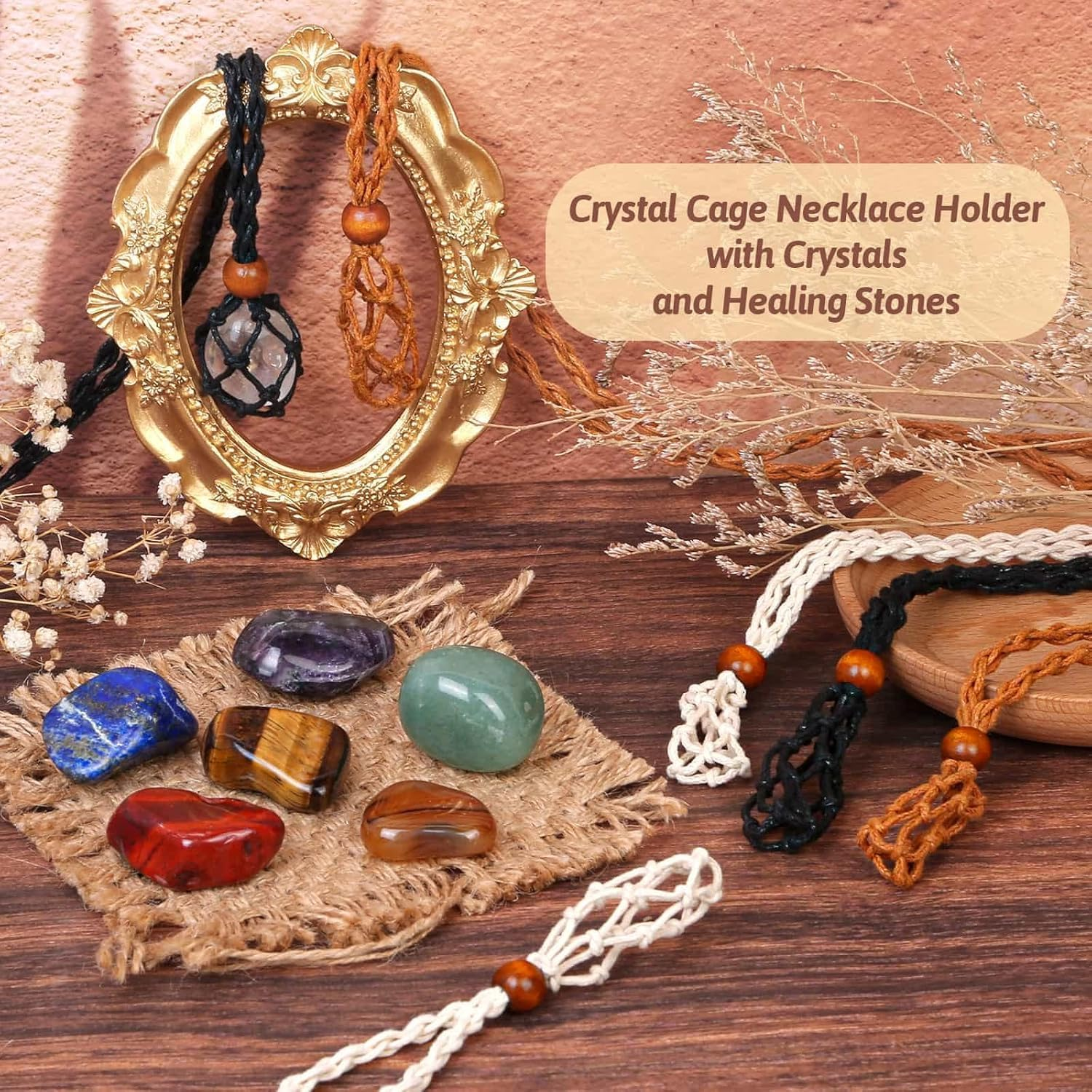 Crystals Necklace Holders and Healing Stones Set, 3Pcs Adjustable Crystal Cage with 7 Chakra Crystals and Healing Stones for Yoga, Meditation, Jewelry Gift and Home Decor, Assorted Size, Stone