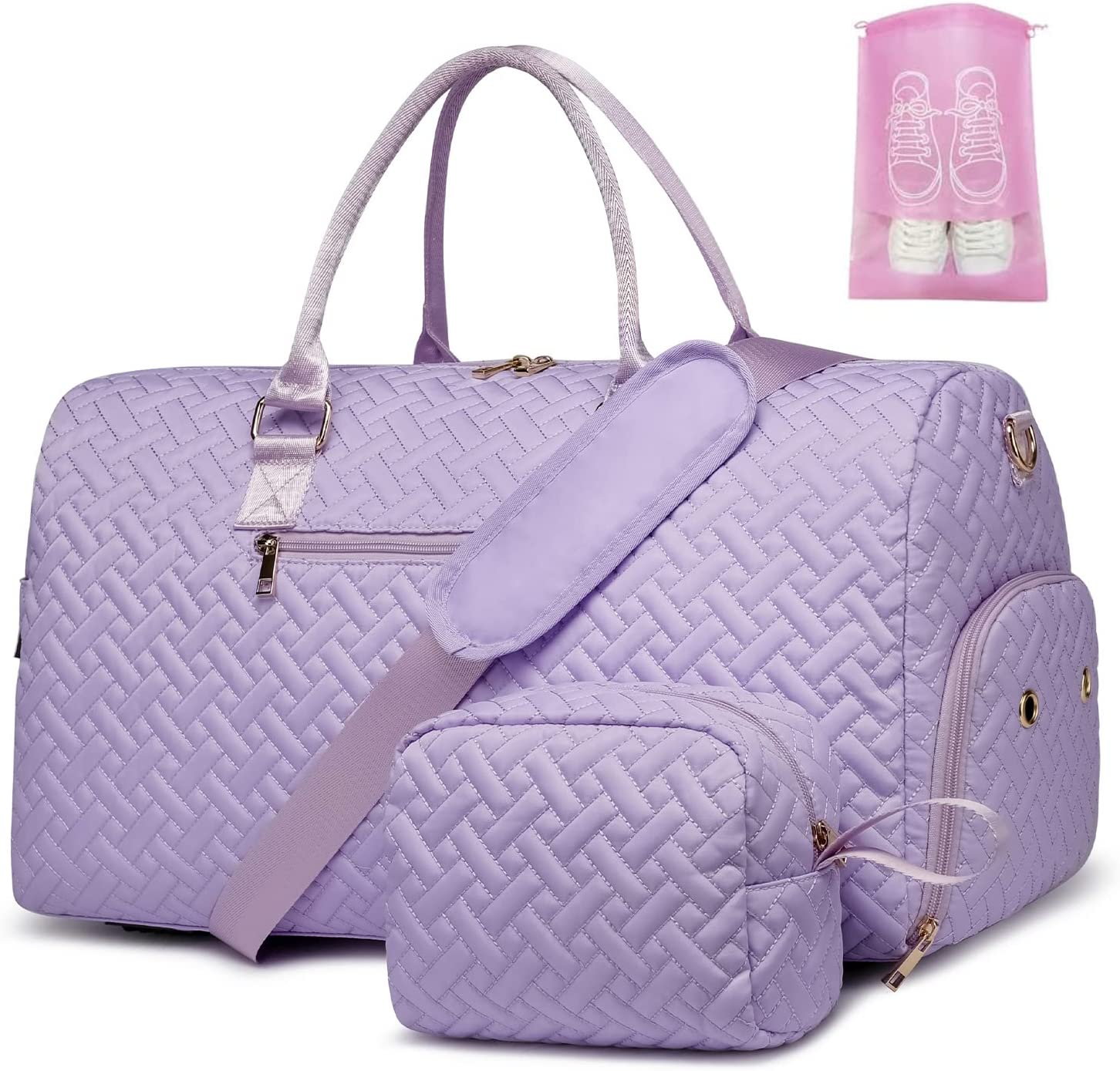 Duffle Bag for Travel, Weekender Bag with Shoe Compartment, Carry on Overnight Bag for Women with Toiletry Bag, 50L Gym Bag with Wet Pocket, Hospital Bags for Labor and Delivery, Lavender Purple, - Beige image number 2