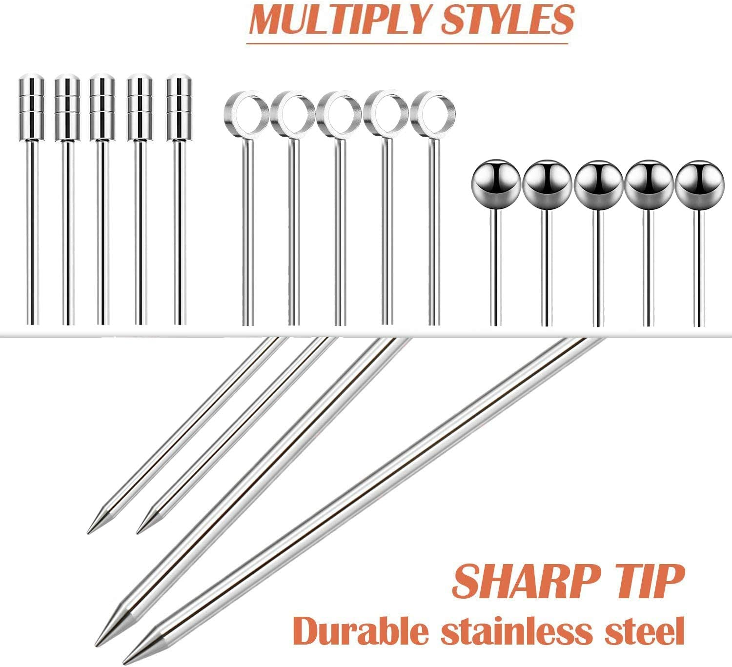 Stainless Steel Cocktail Picks Set, 15 Pcs Stainless Steel Martini Skewers Olive Drink Picks Set Reusable Fruit Sticks Metal Drink Pick for Olives, Fruit Garnish, Home, Bar