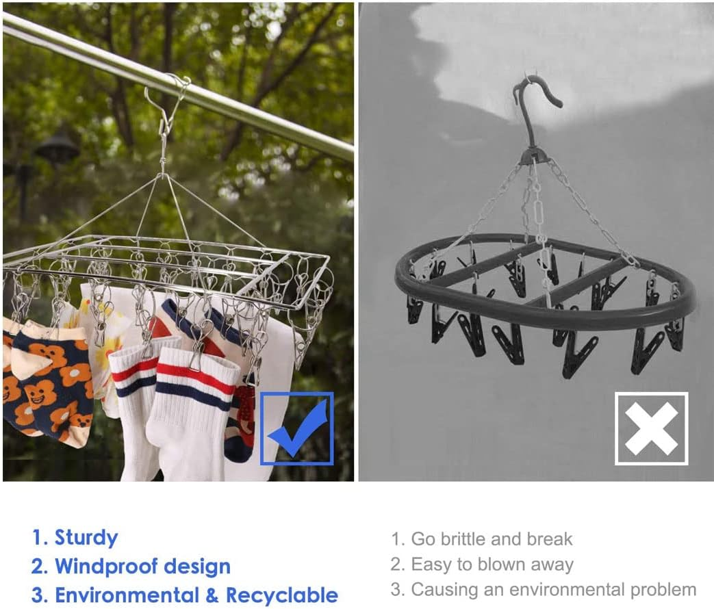 Clothes Drying Rack, 50 Clips Large Stainless Steel Laundry Clothesline Hanging Rack Drying Clothes Hanger Clothespins Windproof Pegs Hook for Drying/Socks/Underwear/Clothes/Towels (50)