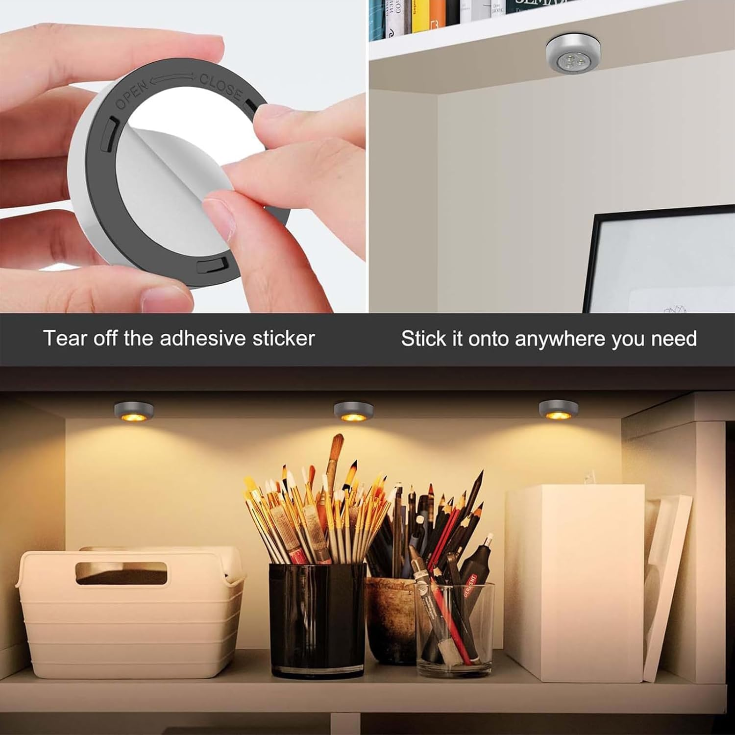 Komiyaa 6Pcs Mini Puck Lights, Portable under Cabinet Lighting, AAA Battery Operated LED Lights, Warm Lightings Touch Light Stick on Night Light, for Closet Counter Kitchen Cabinet RV Indoor Outdoor image number 5