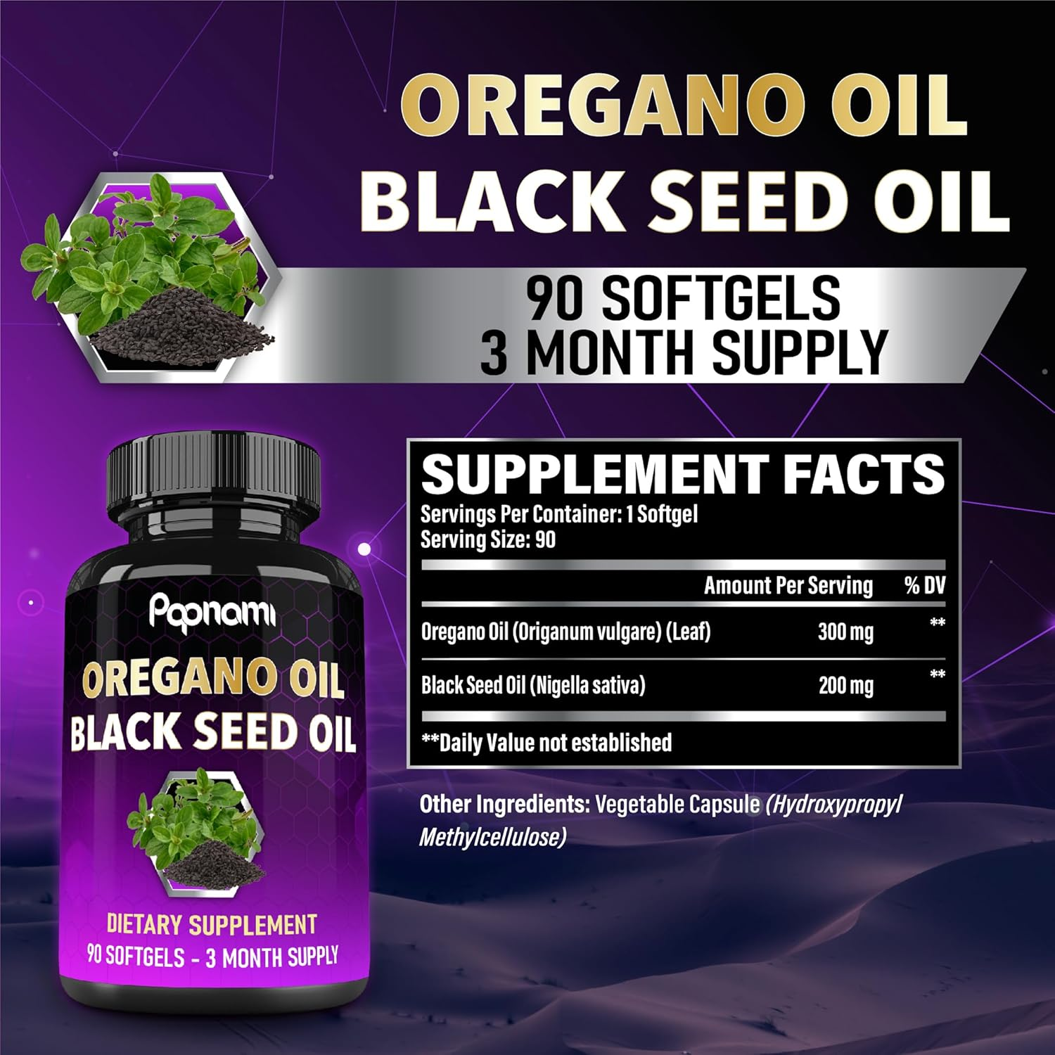 Papnami 2-In-1 Oregano Oil with Black Seed Oil Supplements | High Absorption | Support Digestive Health | 90 Softgel Count image number 1